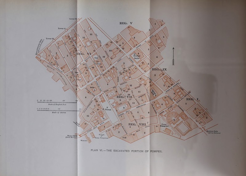 18\ * Cenn^ w BatU^ Scale of English Feet Forum REG.vrin ■ Forum 3y |i^ri&osulara tabian Gate iffa^utna) Temple Water Gale' Venos Poinpeia&&' Museum I 4 PLAN VI, THE EXCAVATED PORTION OF POMPEII.