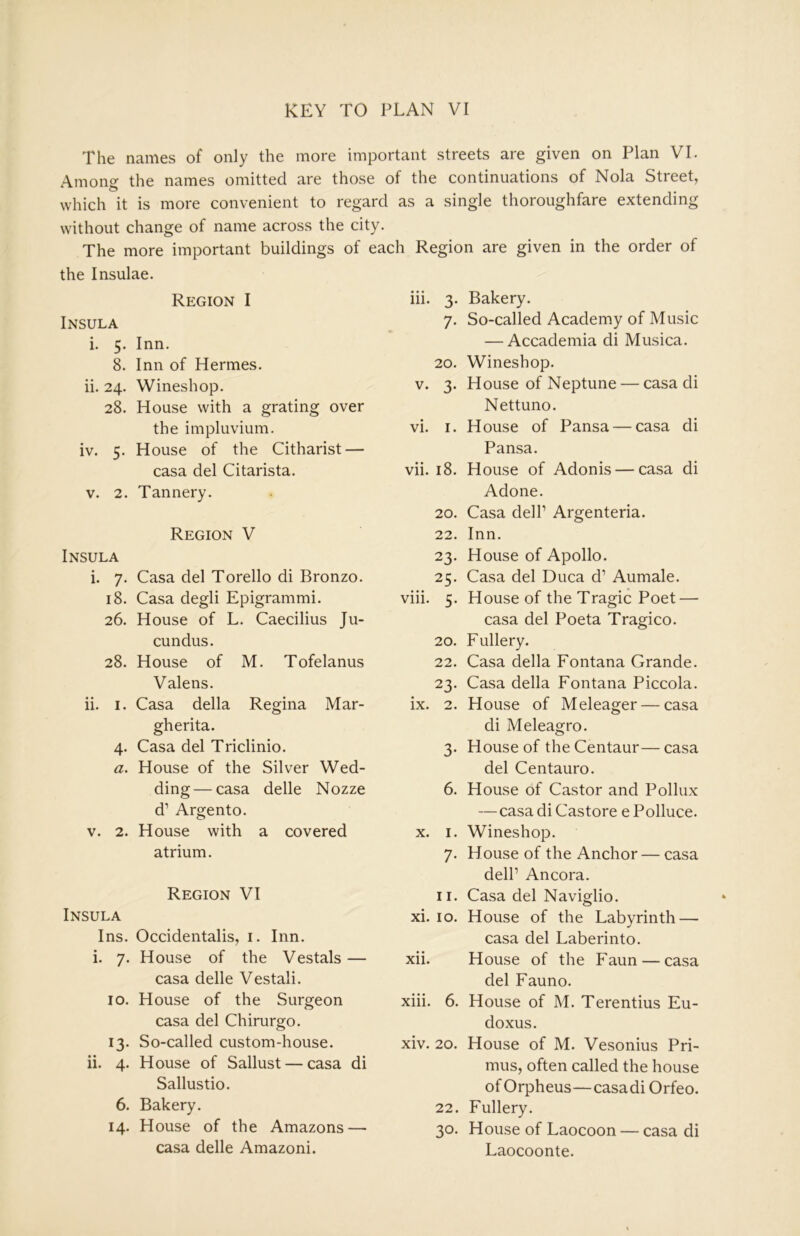 KEY TO PLAN VI The names of only the more important streets are given on Plan VI. Among the names omitted are those of the continuations of Nola Street, which it is more convenient to regard as a single thoroughfare extending without change of name across the city. The more important buildings of each Region are given in the order of the Insulae. Region I Insula i. 5. Inn. 8. Inn of Hermes. ii. 24. Wineshop. 28. House with a grating over the impluvium. iv. 5. House of the Citharist — casa del Citarista. V. 2. Tannery. Region V Insula i. 7. Casa del Torello di Bronzo. 18. Casa degli Epigrammi. 26. House of L. Caecilius Ju- cundus. 28. House of M. Tofelanus Valens. ii. I. Casa della Regina Mar- gherita. 4. Casa del Triclinio. а. House of the Silver Wed- ding— casa delle Nozze d’ Argento. V. 2. House with a covered atrium. Region VI Insula Ins. Occidentalis, i. Inn. i. 7. House of the Vestals — casa delle Vestali. 10. House of the Surgeon casa del Chirurgo. 13. So-called custom-house. ii. 4. House of Sallust — casa di Sallustio. б. Bakery. 14. House of the Amazons — casa delle Amazon!. iii. 3. Bakery. 7. So-called Academy of Music — Accademia di Musica. 20. Wineshop. V. 3. House of Neptune — casa di Nettuno. vi. i. House of Pansa — casa di Pansa. vii. 18. House of Adonis — casa di Adone. 20. Casa deir Argenteria. 22. Inn. 23. House of Apollo. 25. Casa del Duca d’ Aumale. viii. 5. House of the Tragic Poet — casa del Poeta Tragico. 20. Fullery. 22. Casa della Fontana Grande. 23. Casa della Fontana Piccola. ix. 2. House of Meleager — casa di Meleagro. 3. House of the Centaur—casa del Centauro. 6. House of Castor and Pollux —casa di Castore e Polluce. X. I. Wineshop. 7. House of the Anchor — casa deir Ancora. II. Casa del Naviglio. o xi. 10. House of the Labyrinth — casa del Laberinto. xii. House of the Faun — casa del Fauno. xiii. 6. House of M. Terentius Eu- doxus. xiv. 20. House of M. Vesonius Pri- mus, often called the house of Orpheus—casadi Orfeo. 22. Fullery. 30. House of Laocoon — casa di Laocoonte.