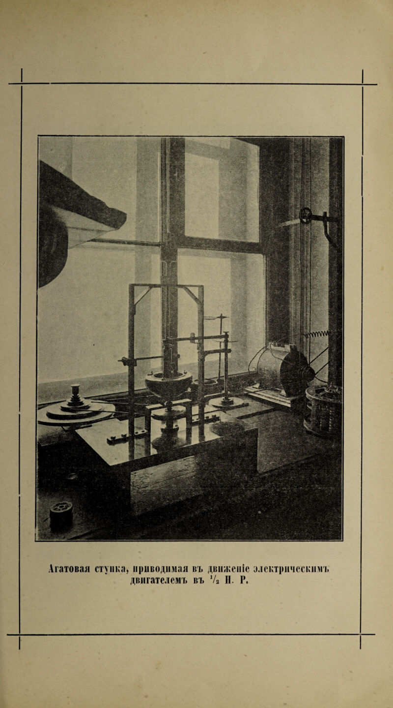 Агатовая ступка, приводимая двигателемъ въ движеніе электрпческимь въ Ѵ2 Н. Р.