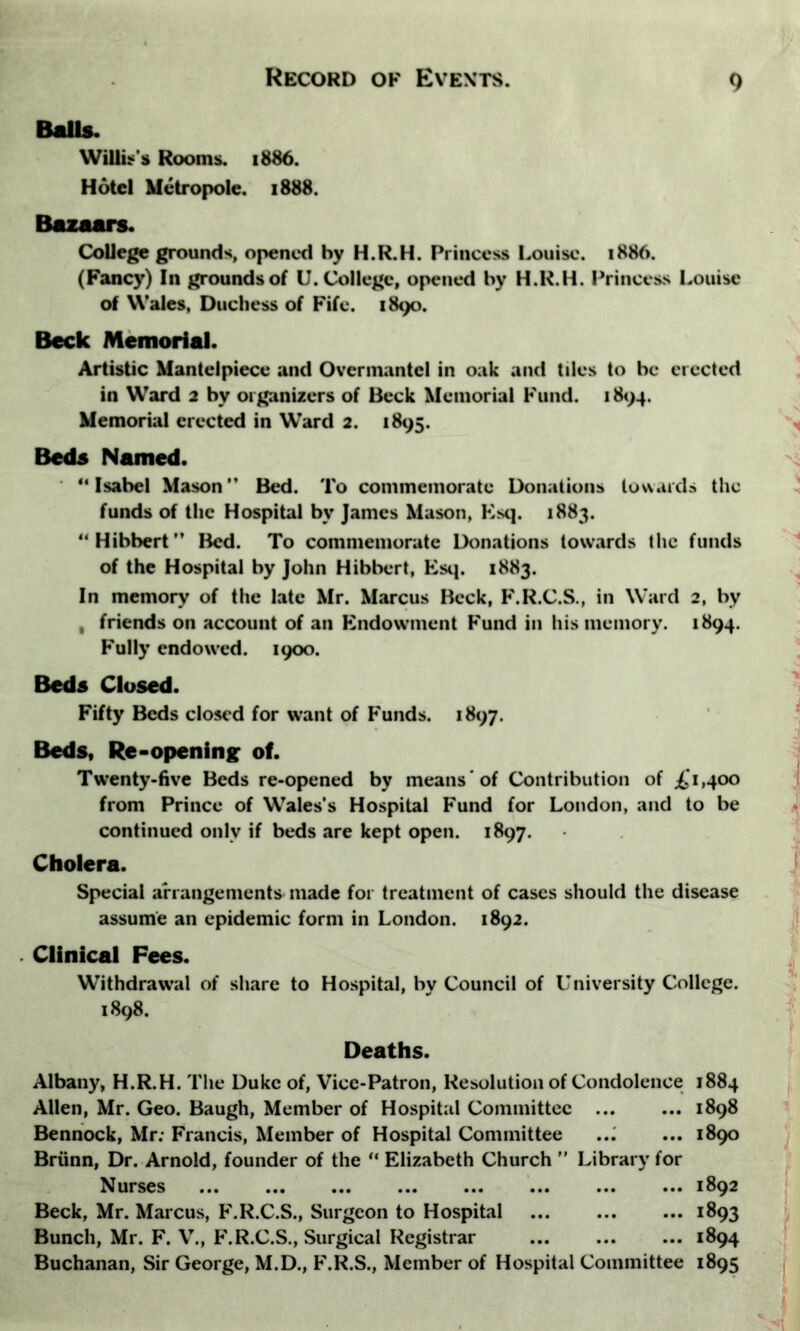 Balls. Willis's Rooms. 1886. Hotel Metropole. 1888. Bazaars. College grounds, opened by H.R.H. Princess Louise. 1886. (Fancy) In grounds of U. College, opened by H.R.H. Princess Louise of Wales, Duchess of Fife. 1890. Beck Memorial. Artistic Mantelpiece and Overmantel in oak and tiles to be erected in Ward 2 by organizers of Beck Memorial Fund. 1894. Memorial erected in Ward 2. 1895. Beds Named. Isabel Mason ” Bed. To commemorate Donations towards the funds of the Hospital bv James Mason, Ksq. 1883. “Hibbert Bed. To commemorate Donations towards the funds of the Hospital by John Hibbert, Ksq. 1883. In memory of the late Mr. Marcus Beck, F.R.C.S., in Ward 2, by , friends on account of an Endowment Fund in his memory. 1894. Fully endowed. 1900. Beds Closed. Fifty Beds closed for want of Funds. 1897. Beds, Re-opening of. Twenty-five Beds re-opened by means'of Contribution of £1,400 from Prince of Wales’s Hospital Fund for London, and to be continued only if beds are kept open. 1897. Cholera. Special arrangements made for treatment of cases should the disease assume an epidemic form in London. 1892. Clinical Fees. Withdrawal of share to Hospital, bv Council of University College. 1898. Deaths. Albany, H.R.H. The Duke of, Vice-Patron, Resolution of Condolence 1884 Allen, Mr. Geo. Baugh, Member of Hospital Committee 1898 Bennock, Mr; Francis, Member of Hospital Committee ..J ... 1890 Briinn, Dr. Arnold, founder of the “ Elizabeth Church ” Library for Nurses 1892 Beck, Mr. Marcus, F.R.C.S., Surgeon to Hospital 1893 Bunch, Mr. F. V., F.R.C.S., Surgical Registrar 1894 Buchanan, Sir George, M.D., F.R.S., Member of Hospital Committee 1895