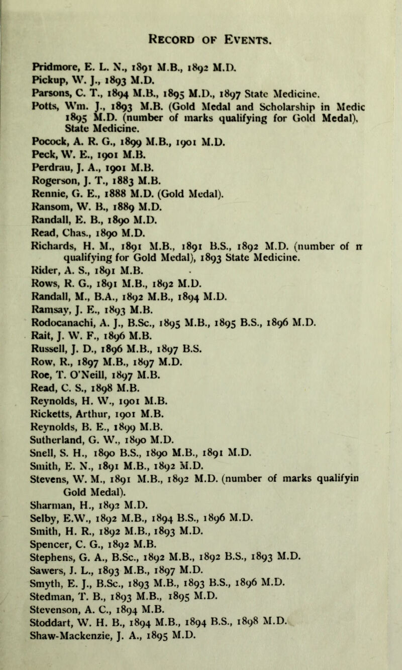 Pridmore, E. L. N.t 1891 M.B., 1892 M.D. Pickup, VV. J., 1893 M.D. Parsons, C. T., 1894 M.B., 1895 M.D., 1897 State Medicine. Potts, Wm. J., 1893 M.B. (Gold Medal and Scholarship in Medic 1895 M.D. (number of marks qualifying for Gold Medal), State Medicine. Pocock, A. R. G., 1899 M.B., 1901 M.D. Peck, W. E., 1901 M.B. Perdrau, J. A., 1901 M.B. Rogerson, J. T., 1883 M.B. Rennie, G. E., 1888 M.D. (Gold Medal). Ransom, W. B., 1889 M.D. Randall, E. B., 1890 M.D. Read, Chas., 1890 M.D. Richards, H. M., 1891 M.B., 1891 B.S., 1892 M.D. (number of n qualifying for Gold Medal), 1893 State Medicine. Rider, A. S., 1891 M.B. Rows, R. G., 1891 M.B., 1892 M.D. Randall, M., B.A., 1892 M.B., 1894 M.D. Ramsay, J. E., 1893 M.B. Rodocanachi, A. J., B.Sc., 1895 M.B., 1895 B.S., 1896 M.D. Rait, J. W. F., 1896 M.B. Russell, J. D., 1896 M.B., 1897 B.S. Row, R., 1897 M.B., 1897 M.D. Roe, T. O'Neill, 1897 M.B. Read, C. S., 1898 M.B. Reynolds, H. VV., 1901 M.B. Ricketts, Arthur, 1901 M.B. Reynolds, B. E., 1899 M.B. Sutherland, G. W., 1890 M.D. Snell, S. H., 1890 B.S., 1890 M.B., 1891 M.D. Smith, E. N., 1891 M.B., 1892 M.D. Stevens, W. M., 1891 M.B., 1892 M.D. (number of marks qualifyin Gold Medal). Sharman, H., 1892 M.D. Selby, E.W., 1892 M.B., 1894 B.S., 1896 M.D. Smith, H. R., 1892 M.B., 1893 M.D. Spencer, C. G., 1892 M.B. Stephens, G. A., B.Sc., 1892 M.B., 1892 B.S., 1893 M.D. Sawers, J. L., 1893 M.B., 1897 M.D. Smyth, E. J., B.Sc., 1893 M.B., 1893 B.S., 1896 M.D. Stedman, T. B., 1893 M.B., 1895 M.D. Stevenson, A. C., 1894 M.B. Stoddart, W. H. B., 1894 M.B., 1894 B.S., 1898 M.D. Shaw-Mackenzie, J. A., 1895 M.D.