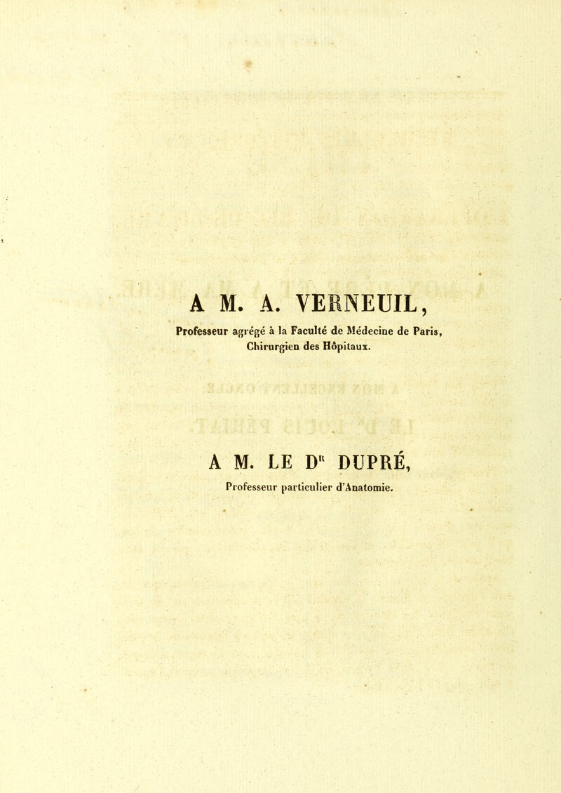 A M. A. VERNEUIL, Professeur agrégé à la Faculté de Médecine de Paris, Chirurgien des Hôpitaux. A M. LE D DUPRE, Professeur particulier d’Anatomie.