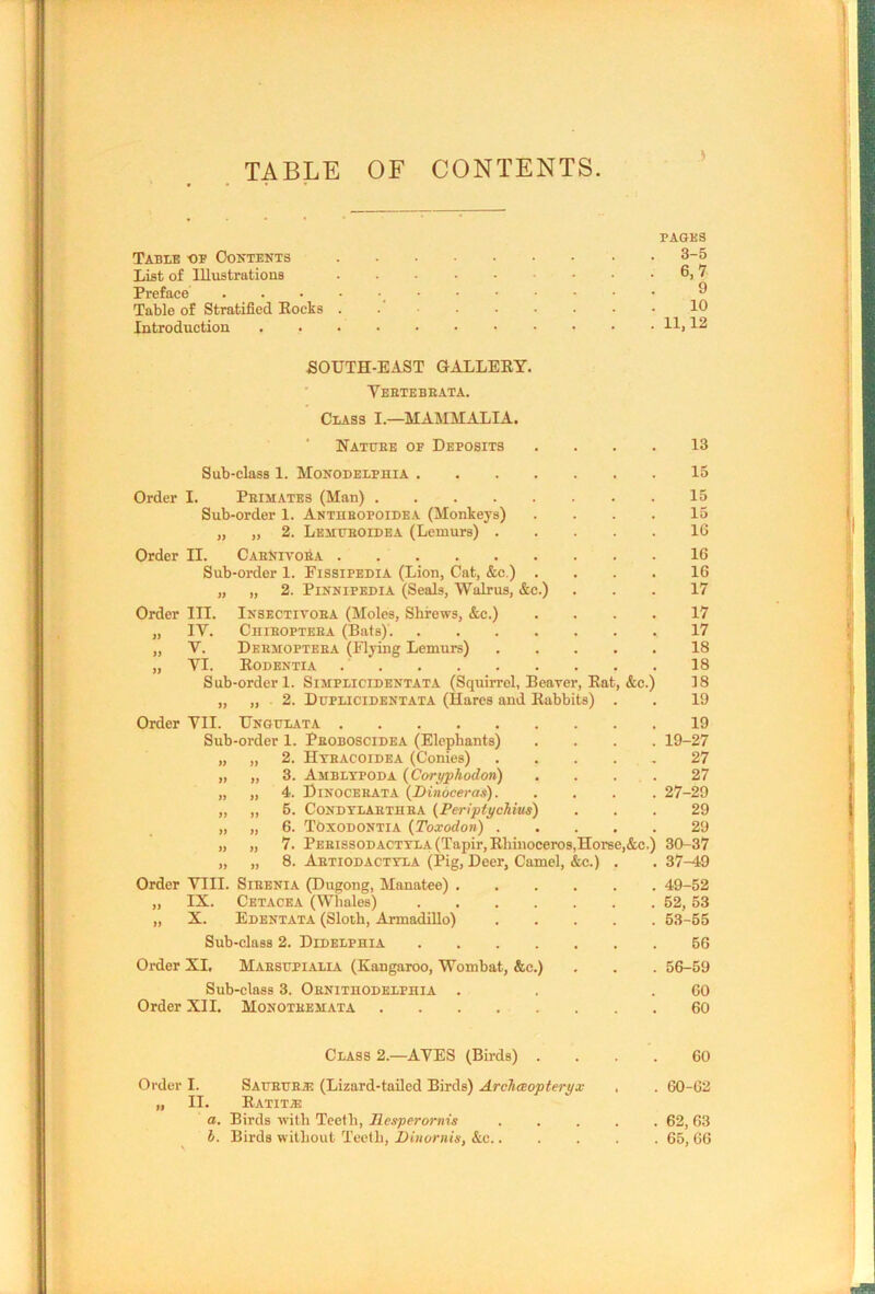 TABLE OF CONTENTS. Table of Contents List of Illustrations Preface Table of Stratified Eocks Introduction . . PAGES 3-5 6,7 9 10 11,12 SOUTH-EAST GALLERY. Yebtebrata. Class I.—MAMMALIA. Nature of Deposits .... 13 Sub-class 1. Monodelphia 15 Order I. Primates (Man) 15 Sub-order 1. Anthbopoidea (Monkeys) .... 15 „ „ 2. Lemuboidea (Lemurs) 16 Order II. Carnivora 16 Sub-order 1. Fissipedia (Lion, Cat, &c.) .... 16 „ „ 2. Pinnipedia (Seals, Walrus, &e.) ... 17 Order III. Insectivoba (Moles, Shrews, &c.) .... 17 „ IY. Chibopteea (Bats) 17 „ V. Dermopteea (Flying Lemurs) 18 „ YI. Rodentia 18 Sub-order 1. Simplicidentata (Squirrel, Beaver, Rat, &c.) 18 „ „ 2. Duplicidentata (Hares and Rabbits) . . 19 Order YII. Ungulata 19 Sub-order 1. Pboboscidea (Elephants) .... 19-27 „ „ 2. Htbacoidea (Conies) 27 „ „ 3. Ambltpoda (Coryphodon) .... 27 „ „ 4. Dinoceeata (Dinoceras). .... 27-29 „ „ 5. Condtlarthba (Periptychius) ... 29 „ „ 6. TOxodontia (Toxodon) 29 „ „ 7. Pebissodactvla (Tapir, Rhinoceros,Horse,&c.) 30-37 „ „ 8. Abtiodactyla (Pig, Deer, Camel, &c.) . . 37-49 Order YIII. Sieenia (Dugong, Manatee) 49-52 „ IX. Cetacea (Whales) ....... 52, 53 „ X. Edentata (Sloth, Armadillo) ..... 53-55 Sub-class 2. Didelphia 56 Order XI. Marsupialia (Kangaroo, Wombat, &c.) . . . 56-59 Sub-class 3. Obnithodelphia . .60 Order XII. Monoteemata 60 Class 2.—AYES (Birds) 60 Order I. „ II- a. b. SATTBUBjE (Lizard-tailed Birds) ArclicBopteryx Ratit® Birds with Teeth, Jlesperornis Birds without Teeth, Dinornis, &c.. 60-62 62, 63 65, 66