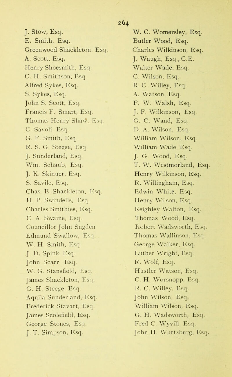 J. Stow, Esq. E. Smith, Esq. Greenwood Shackleton, Esq. A. Scott, Esq. Henry Shoesmith, Esq. C. H. Smithson, Esq. Alfred Sykes, Esq. S. Sykes, Esq. John S. Scott, Esq. Francis F. Smart, Esq. Thomas Henry Sha\$, Esq. C. Savoli, Esq. G. F. Smith, Esq. R. S. G. Steege, Esq. J. Sunderland, Esq. Wm. Schaub, Esq. J. K. Skinner, Esq. S. Savile, Esq. Chas. E. Shackleton, Esq. H. P. Swindells, Esq. Charles Smithies, Esq. C. A. Swaine, Esq. Councillor John Sugden Edmund Swallow, Esq. W. H. Smith, Esq. J. D. Spink, Esq. John Scarr, Esq. W. G. Stansfield, Esq. James Shackleton, Esq. G. H. Steege, Esq. Aquila Sunderland, Esq. Frederick Stavart, Esq. James Scolefield, Esq. George Stones, Esq. J. T. Simpson, Esq. W. C. Womersley, Esq. Butler Wood, Esq. Charles Wilkinson, Esq. J. Waugh, Esq .C.E. Walter Wade, Esq. C. Wilson, Esq. R. C. Willey, Esq. A. Watson, Esq. F. W. Walsh, Esq. J. F. Wilkinson, Esq. G. C. Waud, Esq. D. A. Wilson, Esq. William Wilson, Esq. William Wade, Esq. J. G. Wood, Esq. T. W. Westmorland, Esq. Henry Wilkinson, Esq. R. Willingham, Esq. Edwin White, Esq. Henry Wilson, Esq. Keighley Walton, Esq. Thomas Wood, Esq. Robert Wadsworth, Esq. Thomas Wallinson, Esq. George Walker, Esq. Luther Wright, Esq. R. Wolf, Esq. Hustler Watson, Esq. C. H. Worsnopp, Esq. R. C. Willey, Esq. John Wilson, Esq. William Wilson, Esq. G. H. Wadsworth, Esq. Fred C. Wyvill, Esq. John H. Wurtzburg, Esq.