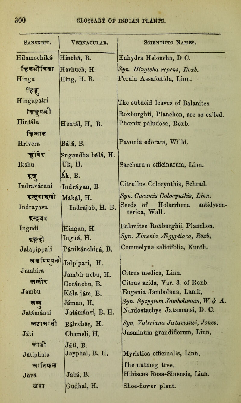 Sanskrit, j Vernacular. Hilamochikd 1 dinchd, B. 1 Elarhuch, H. Hingu ] Hing, H. B. Hingupatri ffWVeft Hintdla Hentll, H. B. Hrivera Bald, B. Sugandha bald, H. Ikshu Uk, H. ** Lk, B. Indravdruni Indrdyan,B Mdkdl, H. Indrayava Indrajab, H. B. Ingudi Hingan, H. Ingud, H. Jalapippali Pdnikdnchird, B. N Jalpipari, H. Jambira Jambir nebu, H. Goran ebu, B. Jambu Kdla jdm, B. <51*3 . a Jdman, H. Jatdmdnsi Jatdmdnsi, B. H. Bdluchar, H, Jati Chameli, H. Jdti, B. Jdtiphala Jayphal, B. H, gnfaiR^r Java Jabd, B. oRT Gudhal, H. Scientific Names. Enhydra Heloncha, D C. Syn. Hingtsha repens, Roxb. Ferula Assafoetida, Linn. The subacid leaves of Balanites Roxburghii, Planchon, are so called. Phoenix paludosa, Roxb. Pavonia odorata, Willd. Saccharum officinarum, Linn. Citrullus Colocynthis, Schrad. Syn. Cucumis Colocynthis, Linn. Seeds of Holarrhena antidysen- terica, Wall. Balanites Roxburghii, Planchon. Syn. Ximenia JEgyptiaca, Roxb* Commelyna salicifolia, Kunth. Citrus medica, Linn. Citrus acida, Var. 3. of Roxb. Eugenia Jambolana, Lamk, Syn. Syzygium Jambolanum, W. fy A. Nardostachys Jatamausi, D. C, Syn. Valeriana Jatamansi, Jones. Jasminum grandiflorum, Linn, Myristica officinalis, Linn, The nutmeg tree. Hibiscus Rosa-Sinensis, Linn. 'Shoe-flower plant.