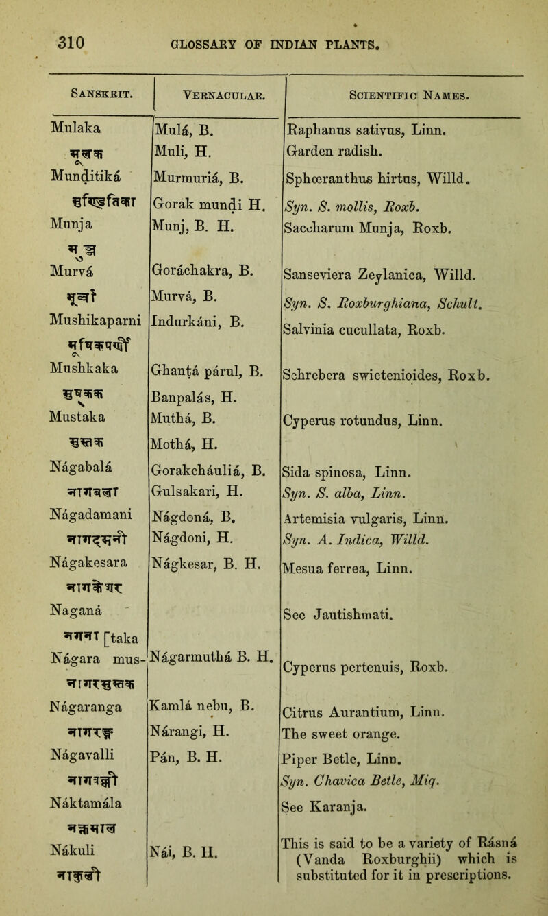 Sanskrit. Vernacular. Scientific Names. Mulaka Mula, B. Baphanus sativus, Linn. Mali, H. Garden radish. Munditika Murmuria, B. Sphoeranthus hirtus, Willd. Gorak mundi H. Syn. S. mollis, Roxb. Munj a Munj, B. H. Sacoharum Munj a, Roxb. V Murva Gorachakra, B. Sanseviera Zeylanica, Willd. Murva, B. Syn. S. Roxburghiana, Schult. Mushikaparni Indurkani, B. Salvinia cucullata, Roxb. Mushkaka Ghanta parul, B. Schrebera swietenioides, Roxb. s Banpalas, H. Mustaka MutM, B. Cyperus rotundus, Linn. Moth a, H. Nagabal& Gorakchaulia, B. Sida spinosa, Linn. Gulsakari, H. Syn. S. alba, Linn. Nagadamani Nagdond, B. Artemisia vulgaris, Linn. Nagdoni, H. Syn. A. Indica, Willd. Nagakesara Nagkesar, B. H. Mesua ferrea, Linn. Nagana See Jautishmati. [taka N&gara mus- Nagarmutha B. H. Cyperus pertenuis, Roxb. Nagaranga KamU nebu, B. Citrus Aurantium, Linn. •TT'*TTif5s N&rangi, H. The sweet orange. Nagavalli Pan, B. H. Piper Betle, Linn. Syn. Chavica Betle, Miq. Naktamala See Karanja. Nakuli Nai, B. H. This is said to be a variety of Rasna (Vanda Roxburghii) which is substituted for it in prescriptions.