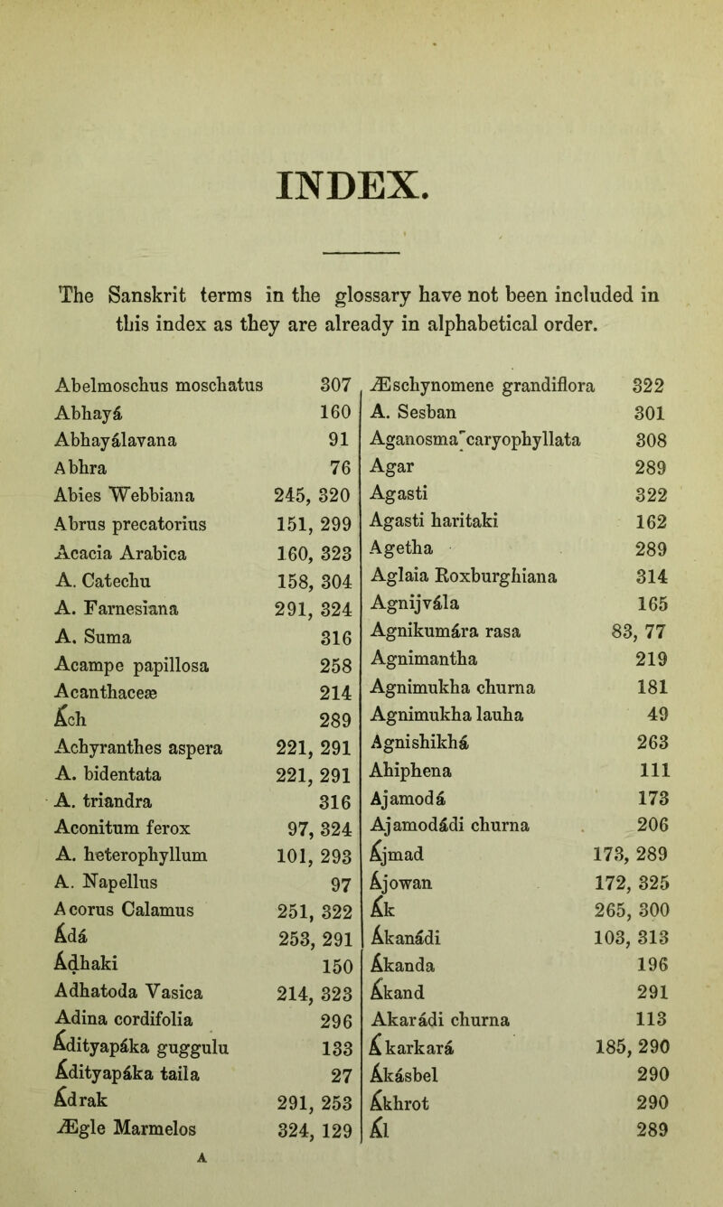 INDEX The Sanskrit terms in the glossary have not been included in this index as they are already in alphabetical order. Abelmoschus moschatus 307 Abhay& 160 Abhayalavana 91 Abhra 76 Abies Webbiana 245, 320 Abrus precatorius 151, 299 Acacia Arabica 160, 323 A. Catechu 158, 304 A. Farnesiana 291, 324 A. Suma 316 Acampe papillosa 258 Acanthaceae 214 Ach 289 Achyranthes aspera 221, 291 A. bidentata 221, 291 A. triandra 316 Aconitum ferox 97, 324 A. heterophyllum 101, 293 A. Napellus 97 Acorus Calamus 251, 322 Ada 253, 291 Adhaki 150 Adhatoda Vasica 214, 323 Adina cordifolia 296 Adityap£ka guggulu 133 Adityapika taila 27 Adrak 291, 253 A iEscliynomene grandiflora 322 A. Sesban 301 Aganosma'caryopbyllata 308 Agar 289 Agasti 322 Agasti haritaki 162 Agetha 289 Aglaia Roxburghiana 314 Agnijv&la 165 Agnikum£ra rasa 83, 77 Agnimantha 219 Agnimukha churna 181 Agnimukha lauha 49 Agnishikha 263 Ahiphena 111 Ajamoda 173 Ajamodddi churna 206 Ajmad 173, 289 Ajowan 172, 325 Ak 265, 300 Akanadi 103, 313 Akanda 196 Akand 291 Akaradi churna 113 Akarkara 185, 290 Akasbel 290 Akhrot 290