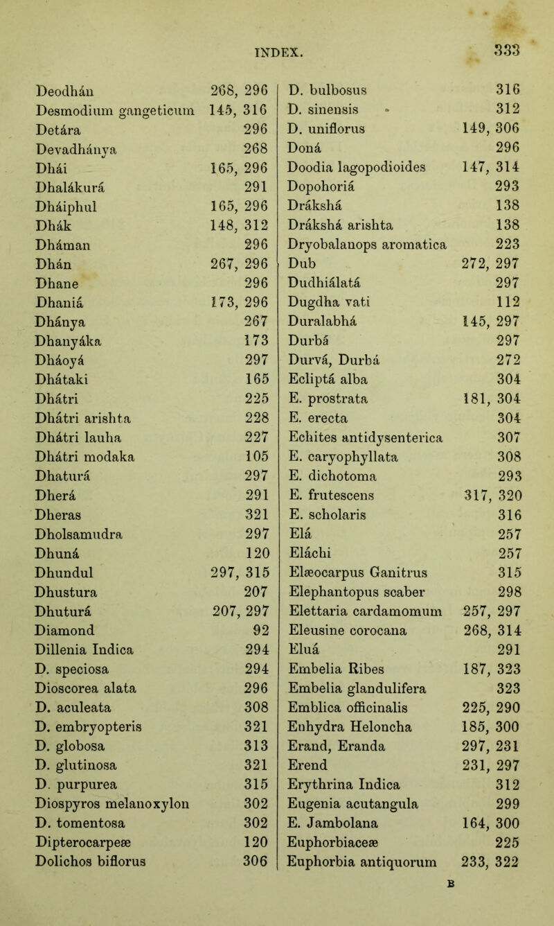 Deodhdn Desmodium gangeticum Detdra Devadhdnya Dhdi Dhaldkura Dhdiphul Dhdk Dhdman Dhan Dhane Dhania Dhanya Dhanydka Dhdoyd Dhataki Dhatri Dhatri arishta Dhdtri lauha Dhdtri modaka Dhatura Dherd Dheras Dholsamudra Dhund Dhundul Dhustura Dhutura Diamond Dillenia Indica D. speciosa Dioscorea alata D. acnleata D. embryopteris D. globosa D. glutinosa D. purpurea Diospyros melanoxylon D. tomentosa Dipterocarpeae Dolichos biflorus 333 268, 296 145, 316 296 268 165, 296 291 165, 296 148, 312 296 267, 296 296 173, 296 267 173 297 165 225 228 227 105 297 291 321 297 120 297, 315 207 207, 297 92 294 294 296 308 321 313 321 315 302 302 120 306 D. bulbosus 316 D. sinensis 312 D. uniflorus 149, 306 Dond 296 Doodia lagopodioides 147, 314 Dopohoria 293 Draksha 138 Drakshd arishta 138 Dryobalanops aromatica 223 Dub 272, 297 Dudhialata 297 Dugdha vati 112 Duralabhd 145, 297 Durba 297 Durva, Durba 272 Eclipta alba 304 E. prostrata 181, 304 E. erecta 304 Echites antidysenterica 307 E. caryophyllata 308 E. dichotoma 293 E. frutescens 317, 320 E. scholaris 316 Ela 257 Elachi 257 Elseocarpus Ganitrus 315 Elephantopus scaber 298 Elettaria cardamomum 257, 297 Eleusine corocana 268, 314 Elua 291 Embelia Ribes 187, 323 Embelia glandulifera 323 Emblica officinalis 225, 290 Enhydra Heloncha 185, 300 Erand, Eranda 297, 231 Erend 231, 297 Erythrina Indica 312 Eugenia acutangula 299 E. Jambolana 164, 300 Euphorbiaceae 225 Euphorbia antiquorum 233, 322 B