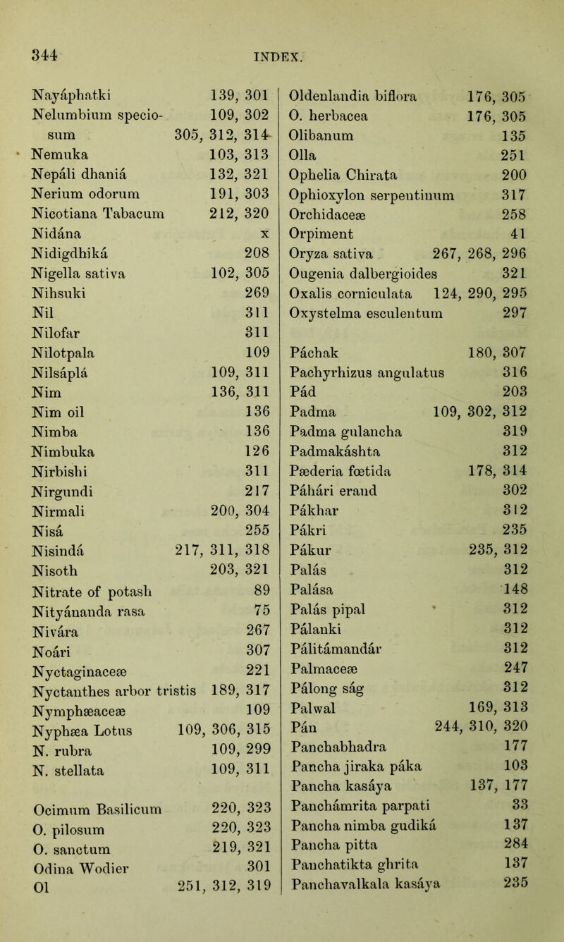 Nayaphatki 139, Nelumbium specio- 109, sum 305, 312, • Nemuka 103, Nepali dhania 132, Nerium odorum 191, Nicotiana Tabacum 212, Nidana Nidigdhika Nigella sativa 102, Nihsuki Nil Nilofar Nilotpala Nilsapla 109, Nim 136, Nim oil Nimba Nimbuka Nirbisbi Nirgundi Nirmali 200, Nisa Nisinda 217, 311, Nisoth 203, Nitrate of potash Nityananda rasa Nivara Noari Nyctaginacese Nyctanthes arbor tristis 189, Nymphseaceae Nyphsea Lotus 109, 306, N. rubra 109, N. stellata 109, Ocimum Basilicum 220, O. pilosum 220, O. sanctum 219, Odina Wodier 01 251, 312, Oldenlandia biflora 176, 305 O. herbacea 176, 305 Olibanum 135 Olla 251 Ophelia Chirata 200 Ophioxylon serpentinum 317 Orchidaceae 258 Orpiment 41 Oryza sativa 267, 268, 296 Ougenia dalbergioides 321 Oxalis corniculata 124, 290, 295 Oxystelma esculentum 297 Pachak 180, 307 Pachyrhizus angulatus 316 Pad 203 Padma 109, 302, 312 Padma gulancha 319 Padmakashta 312 Paederia foetida 178, 314 Pahari erand 302 Pakhar 312 Pakri 235 Pakur 235, 312 Palas 312 Palasa 148 Palas pipal 312 Palanki 312 Palitamandar 312 Palmaceae 247 Palong sag 312 Palwal 169, 313 Pan 244, 310, 320 Panchabhadra 177 Pancha jiraka paka 103 Pancha kasaya 137, 177 Panchamrita parpati 33 Pancha nimba gudika 137 Pancha pitta 284 Panchatikta ghrita 137 Panchavalkala kasaya 235 301 302 314 313 321 303 320 x 208 305 269 311 311 109 311 311 136 136 126 311 217 304 255 318 321 89 75 267 307 221 317 109 315 299 311 323 323 321 301 319