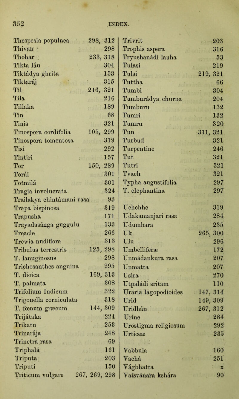 Thespesia populnea ' 298, Thivan - Thohar 233, Tikta lau Tiktadya ghrita Tiktaraj Til 216, Tila Tillaka Tin Tinis Tinospora cordifolia 105, Tinospora tomentosa Tisi Tintiri Tor 150, Torai Totmila Tragia involucrata Trailakya chintamani rasa Trapa bispinosa Trapusba Trayadasanga guggulu Treacle Trewia nndiflora Tribulus terrestris 125, T. lanuginosus Trichosanthes anguina T. dioica 169, T. palmata Trifolinm Indicum Trigonella cornicnlata T. foenum grsecum 144, Trijataka Trikatu Trinaraja Trinetra rasa Triphala Triputa Triputi Triticum vulgare 267, 269, Trivrit 203 Tropbis aspera 316 Tryushanadilauha 53 Tulasi 219 Tulsi 219, 321 Tuttha 66 Tumbi 304 Tumburadya churna 204 Tumburu 132 Tumri 132 Tumru 320 Tun 311, 321 Turbud 321 Turpentine 246 Tut 321 Tutri 321 Tvach 321 Typha augustifolia 297 T. elephantina 297 Uchchhe 319 Udakamanjari rasa 284 Udumbara 235 Uk 265, 300 Ulu 296 Umbelliferae 172 Unmadankura rasa 207 Unmatta 207 Usira 270 Utpaladi sritam 110 Uraria lagopodioides 147, 314 Urid 149, 309 Uridhan 267, 312 Urine 284 Urostigma religiosum 292 Urticeae 235 Yabbula 160 Yacha 251 Yagbhatta X Yaisvanai’a kshara 90 312 298 318 304 153 315 321 216 189 68 321 299 319 292 157 289 301 301 324 93 319 171 133 266 313 298 298 295 313 308 322 318 309 224 253 248 69 161 203 150 298