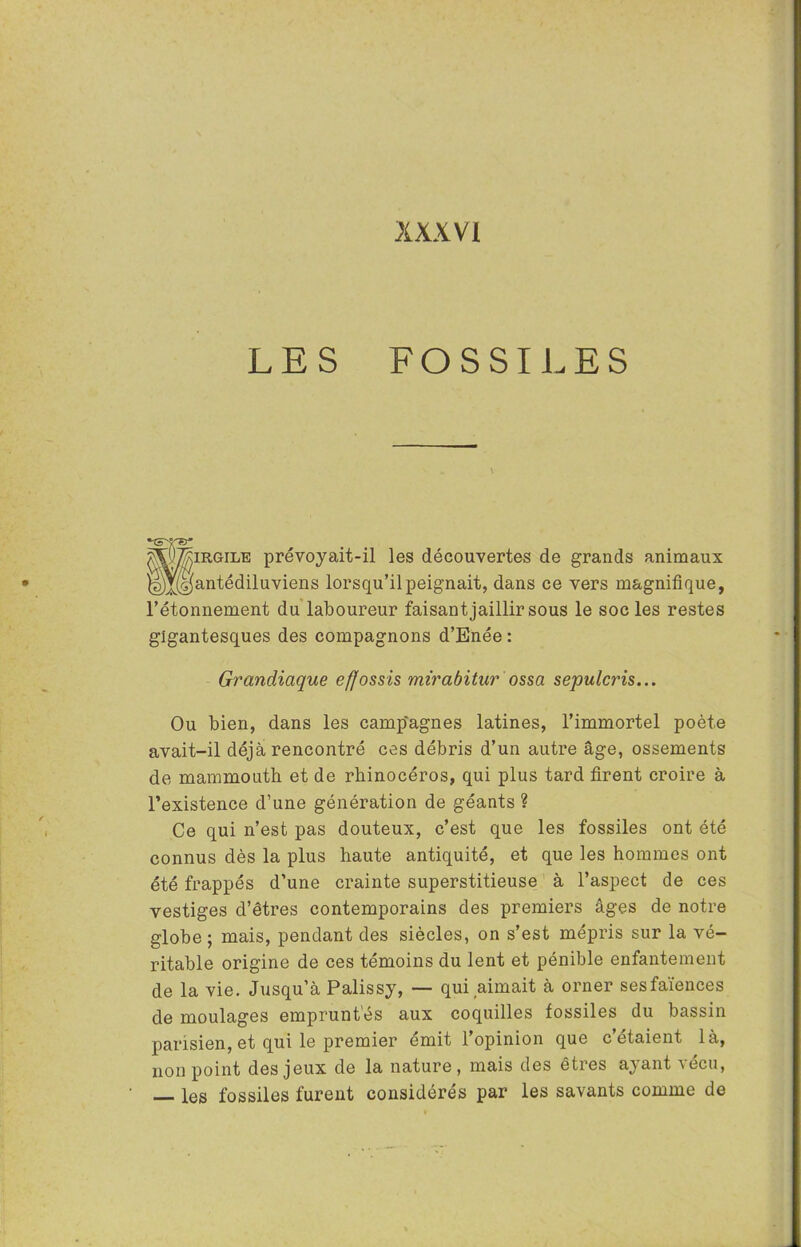 LES FOSSILES irgile prévoyait-il les découvertes de grands animaux antédiluviens lorsqu’il peignait, dans ce vers magnifique, l’étonnement du laboureur faisant jaillir sous le soc les restes gigantesques des compagnons d’Enée : Grandiaque efjossis mirabitur ossa sepulcris... Ou bien, dans les campagnes latines, l’immortel poète avait-il déjà rencontré ces débris d’un autre âge, ossements de mammouth et de rhinocéros, qui plus tard firent croire à l’existence d’une génération de géants ? Ce qui n’est pas douteux, c’est que les fossiles ont été connus dès la plus haute antiquité, et que les hommes ont été frappés d’une crainte superstitieuse à l’aspect de ces vestiges d’êtres contemporains des premiers âges de notre globe ; mais, pendant des siècles, on s’est mépris sur la vé- ritable origine de ces témoins du lent et pénible enfantement de la vie. Jusqu’à Palissy, — qui aimait à orner sesfaïences de moulages empruntés aux coquilles fossiles du bassin parisien, et qui le premier émit 1 opinion que c étaient là, non point des jeux de la nature, mais des êtres ayant vécu, — les fossiles furent considérés par les savants comme de