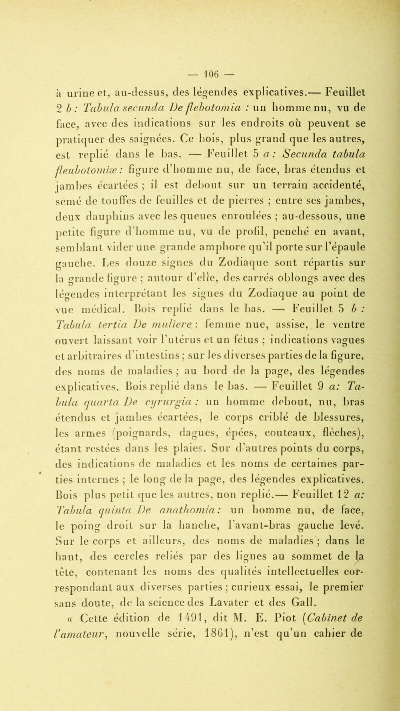 à urine et, au-dessus, des légendes explicatives.— Feuillet 2 b: Tabula secunda De flebotomia : un homme nu, vu de face, avec des indications sur les endroits où peuvent se pratiquer des saignées. Ce hois, plus grand que les autres, est replié dans le bas. — Feuillet 5 a: Secunda tabula fleubotomiæ : figure d’homme nu, de face, bras étendus et jambes écartées ; il est debout sur un terrain accidenté, semé de touffes de feuilles et de pierres ; entre ses jambes, deux dauphins avec les queues enroulées; au-dessous, une petite figure d’homme nu, vu de profil, penché en avant, semblant vider une grande amphore qu’il porte sur l’épaule gauche. Les douze signes du Zodiaque sont répartis sur la «ramie figure ; autour d’elle, des carrés oblongs avec des légendes interprétant les signes du Zodiaque au point de vue médical. Bois replié dans le bas. — Feuillet 5 b : Tabula tertia De muliere : femme nue, assise, le ventre ouvert laissant voir l’utérus et un fétus ; indications vagues et arbitraires d’intestins ; sur les diverses parties de la figure, des noms de maladies ; au bord de la page, des légendes explicatives. Bois replié dans le bas. —Feuillet 9 a: Ta- bula quarta De cyrurgia : un homme debout, nu, bras étendus et jambes écartées, le corps criblé de blessures, les armes ^poignards, dagues, épées, couteaux, flèches), étant restées dans les plaies. Sur d’au 1res points du corps, des indications de maladies et les noms de certaines par- ties internes ; le long delà page, des légendes explicatives. Bois plus petit que les autres, non replié.— Feuillet 12 a: Tabula quinta De anathornia : un homme nu, de face, le poing droit sur la hanche, l’avant-bras gauche levé. Sur le corps et ailleurs, des noms de maladies ; dans le haut, des cercles reliés par des lignes au sommet de la tète, contenant les noms des qualités intellectuelles cor- respondant aux diverses parties ; curieux essai, le premier sans doute, de la science des Lavater et des Gall. « Cette édition de 1491, dit M. E. Piot [Cabinet de Vamateur, nouvelle série, 1861), n’est qu’un cahier de