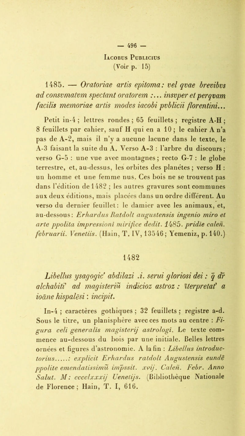 Iacobus Publicius (Voir p. 15) 1485. — Oratoriae artis epitoma: vel qvae brevibvs adconsvmatvm spectant oratorem :... insvper etperqvam facilis memoriae artis modvs iacobi pvblicii florentini... Petit in-4 ; lettres rondes ; 65 feuillets ; registre A-H ; 8 feuillets par cahier, sauf H qui en a 10 ; le cahier A n’a pas de A-2, mais il n’y a aucune lacune dans le texte, le A-3 faisant la suite du A. Verso A-3 : l’arbre du discours; verso G-5 : une vue avec montagnes; recto G-7 : le globe terrestre, et, au-dessus, les orbites des planètes; verso H : un homme et une femme nus. Ces bois ne se trouvent pas dans l’édition de 1482 ; les autres gravures sont communes aux deux éditions, mais placées dans un ordre différent. Au verso du dernier feuillet: le damier avec les animaux, et, au-dessous: Erhardus Ratdolt augustensis ingenio miro et arte ppolita impressioni mirifice dédit. Ib85. pridie ealen. februarii. Venetiis. (Hain, T. IV, 13546; Yemeniz, p. 140.) 1482 Libellus ysagogic abdilazi .i. serui gloriosi dei : q dr alchabitï ad ma gis ter iü indicioz astroz : Iterpretaf a ioâne hispalësi : incipit. In-4 ; caractères gothiques ; 32 feuillets ; registre a-d. Sous le titre, un planisphère avec ces mots au centre : Fi- gura celi generalis magisterij astrologi. Le texte com- mence au-dessous du bois par une initiale. Belles lettres ornées et figures d’astronomie. A la fin : Libellus introduc- o toj'ius : explicit Erhardus ratdolt Augustensis eundë ppolite emendatissimü iinpssit. xvij. Caleh. Febr. Anno Salut. M: cccclxxxij Uenetijs. (Bibliothèque Nationale de Florence; Hain, T. I, 616.