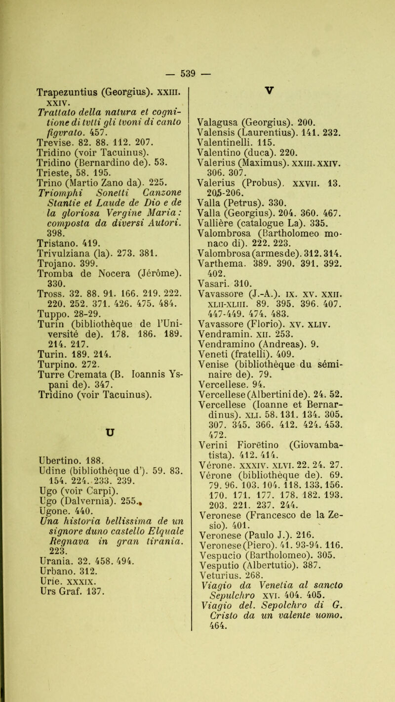 Trapezuntius (Georgius). xxm. XXIV. Trattato délia nalura et cogni- tione di tvtli gli Ivoni di canto figvrato. 457. Trevise. 82. 88. 112. 207. Tridino (voir Tacuinus). Tridino (Bernardino de). 53. Trieste, 58. 195. Trino (Martio Zano da). 225. Triomphi Sonetti Canzone Stantie et Laude de Dio e de la gloriosa Vergine Maria : composta da diversi Autori. 398. Tristano. 419. Trivulziana (la). 273. 381. Trojano. 399. Tromba de Nocera (Jérôme). 330. Tross. 32. 88. 91. 166. 219. 222. 220. 252. 371. 426. 475. 484. Tuppo. 28-29. Turin (bibliothèque de l’Uni- versité de). 178. 186. 189. 214. 217. Turin. 189. 214. Turpino. 272. Turre Cremata (B. Ioannis Ys- pani de). 347. Tridino (voir Tacuinus). U Ubertino. 188. Udine (bibliothèque d’). 59. 83. 154. 224. 233. 239. Ugo (voir Carpi). Tgo (Dalverma). 255.* Ugone. 440. Una historia bellissima de un signore duno castello Elquale Regnava in gran tirania. 223. Urania. 32. 458. 494. Urbano. 312. Urie. xxxix. Urs Graf. 137. V Valagusa (Georgius). 200. Valensis (Laurentius). 141. 232. Valentinelli. 115. Valentino (duca). 220. Yalerius (Maximus). xxm.xxiv. 306. 307. Yalerius (Probus), xxvn. 13. 205-206. Valla (Petrus). 330. Valla (Georgius). 204. 360. 467. Vallière (catalogue La). 335. Valombrosa (Bartholomeo mo- naco di). 222. 223. Valombrosa (armesde). 312.314. Yarthema. 389. 390. 391. 392. 402. Vasari. 310. Vavassore (J.-A.). ix. xv. xxn. xlii-xliii. 89. 395. 396. 407. 447-449. 474. 483. Vavassore (Florio). xv. xliv. Vendramin. xii. 253. Vendramino (Andréas). 9. Veneti (fratelli). 409. Venise (bibliothèque du sémi- naire de). 79. Vercellese. 94. Vercellese(Albertinide). 24. 52. Vercellese (Ioanne et Bernar- dinus). xli. 58.131. 134. 305. 307. 345. 366. 412. 424. 453. 472. Verini Fiorëtino (Giovamba- tista). 412.414. Vérone, xxxiv. xlvi. 22. 24. 27. Vérone (bibliothèque de). 69. 79. 96. 103. 104. 118. 133.156. 170. 171. 177. 178. 182. 193. 203. 221. 237. 244. Veronese (Francesco de la Ze- sio). 401. Veronese (Paulo J.). 216. Veronese (Piero). 41. 93-94. 116. Vespucio (Bartholomeo). 305. Vesputio (Albertutio). 387. Veturius. 268. Viagio da Venetia al sancto Sepulchro xvi. 404. 405. Viagio del. Sepolchro di G. Cristo da un valente uomo. 464.