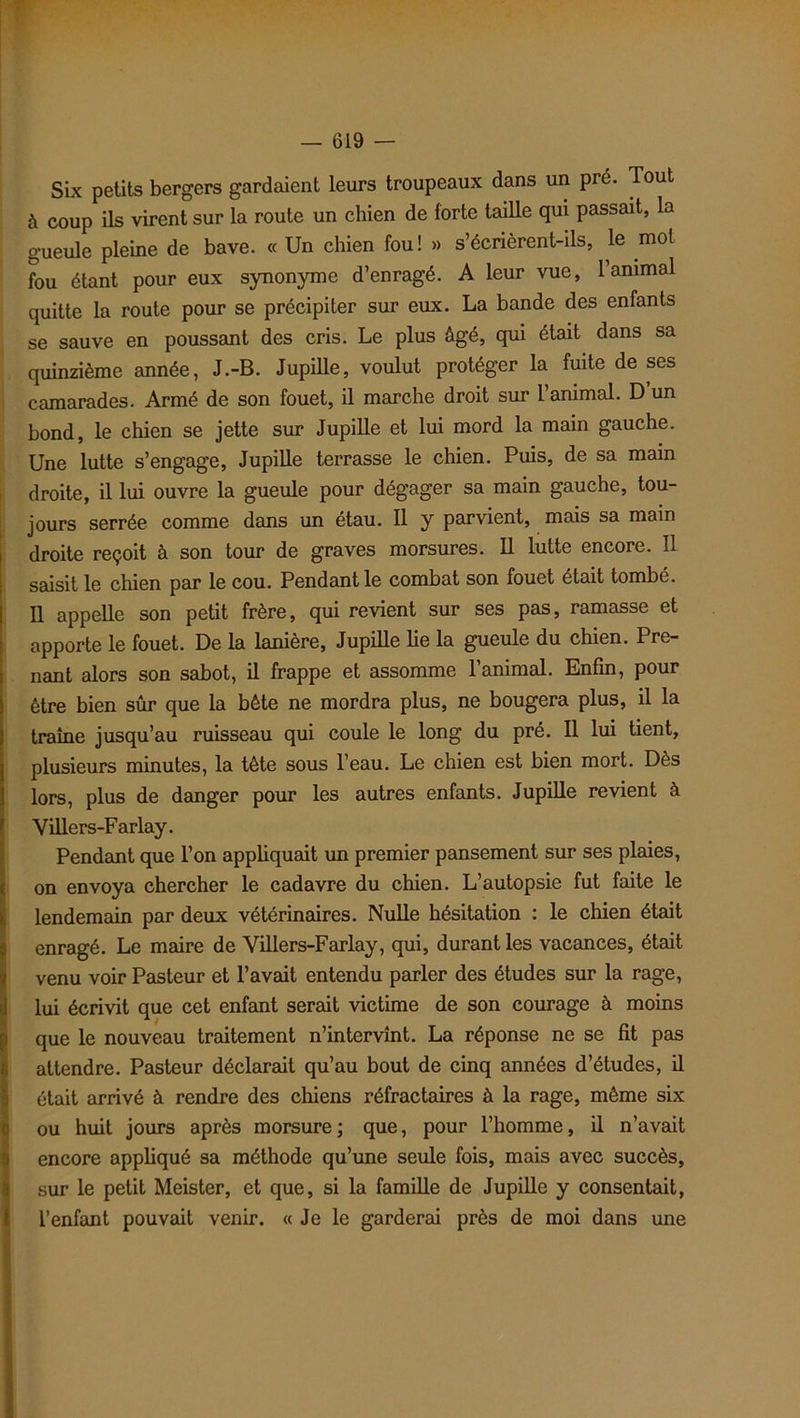 Six petits bergers gardaient leurs troupeaux dans un pré. Tout à coup ils virent sur la route un chien de forte taille qui passait, la gueule pleine de bave. « Un chien fou! » s’écrièrent-ils, le mol fou étant pour eux synonyme d’enragé. A leur vue, 1 animal quitte la route pour se précipiter sur eux. La bande des enfants se sauve en poussant des cris. Le plus âgé, qui était dans sa quinzième année, J.-B. Jupille, voulut protéger la fuite de ses camarades. Armé de son fouet, il marche droit sur l’animal. D un bond, le chien se jette sur Jupille et lui mord la main gauche. Une lutte s’engage, Jupille terrasse le chien. Puis, de sa main droite, il lui ouvre la gueule pour dégager sa main gauche, tou- jours serrée comme dans un étau. Il y parvient, mais sa main droite reçoit à son tour de graves morsures. Il lutte encore. Il saisit le chien par le cou. Pendant le combat son fouet était tombé. Il appelle son petit frère, qui revient sur ses pas, ramasse et apporte le fouet. De la lanière, Jupille lie la gueule du chien. Pre- nant alors son sabot, il frappe et assomme l’animal. Enfin, pour être bien sûr que la bête ne mordra plus, ne bougera plus, il la traîne jusqu’au ruisseau qui coule le long du pré. Il lui tient, plusieurs minutes, la tête sous l’eau. Le chien est bien mort. Dès lors, plus de danger pour les autres enfants. Jupille revient à Ville rs-Farlay. Pendant que l’on appliquait un premier pansement sur ses plaies, on envoya chercher le cadavre du chien. L’autopsie fut faite le lendemain par deux vétérinaires. Nulle hésitation : le chien était enragé. Le maire de Villers-Farlay, qui, durant les vacances, était venu voir Pasteur et l’avait entendu parler des études sur la rage, lui écrivit que cet enfant serait victime de son courage à moins que le nouveau traitement n’intervînt. La réponse ne se fit pas attendre. Pasteur déclarait qu’au bout de cinq années d’études, il était arrivé à rendre des chiens réfractaires à la rage, même six ou huit jours après morsure; que, pour l’homme, il n’avait encore appliqué sa méthode qu’une seule fois, mais avec succès, sur le petit Meister, et que, si la famille de Jupille y consentait, l’enfant pouvait venir. « Je le garderai près de moi dans une