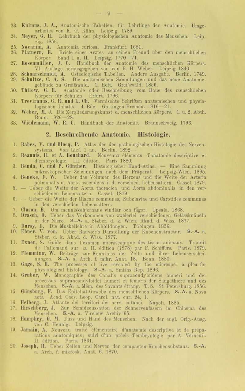23. Kulliins, J. A., Anatomische Tabellen, für Lehrlinge der Anatomie. Umge- arbeitet von K. G. Kühn. Leipzig. 1789. 24. Meyer, GL H. Lehrbuch der physiologischen Anatomie des Menschen. Leip- zig. 1856. 25. Novarini, A. Anatomia curiosa. Frankfurt. 1681. 26. Platnern, E. Briefe eines Arztes an seinen Freund über den menschlichen Körper. Band I u. II. Leipzig. 1770—71. 27. Rosenmüller, J. C. Handbuch der Anatomie des menschlichen Körpers. VI. Auflage herausgegeben von von E. H. Weber. Leipzig 1840. 28. Scliaarscllinidt, A. Osteologische Tabellen. Andere Ausgabe. Berlin. 1749. 29. Schultze, C. A. S. Die anatomischen Sammlungen und das neue Anatomie- gebäude zu Greifswald. 1. Heft. Greifswald. 1856. 30. Tliilow, G. II. Anatomie oder Beschreibung vom Baue des menschlichen Körpers für Schulen. Erfurt. 1796. 31. Treviranns, G. II. und L. Cli. Vermischte Schriften anatomischen und physio- logischen Inhalts. 4 Bde. Göttingen-Bremen. 1816—21. 32. Weher, M. J. Die Zergliederungskunst d. menschlichen Körpers. 1. u. 2. Abth. Bonn. 1826—28. 33. Wiedemann, W. R. C. Handbuch der Anatomie. Braunschweig. 1796. 2. Beschreibende Anatomie. Histologie. 1. Babes, V. und ßlocq, P. Atlas der der pathologischen Histologie des Nerven- systems. Von Lief. 1 au. Berlin. 1892— 2. Beaunis, H. et A. Bouchard. Nouveaux elements d’anatomie descriptive et d’embryologie. III. edition. Paris 1880. 3. Benda, C. und P. Günther. Histologischer Hand-Atlas. — Eine Sammlung mikroskopischar Zeichnungen nach dem Präparat. Leipzig-Wien. 1895. 4. Beneke, F. W. Ueber das Volumen des Herzens und die Weite der Arteria pulmonalis u. Aorta ascendens i. d. verschied. Lebensaltern. Cassel. 1879. 5. — Ueber die Weite der Aorta thoracica und Aorta abdominalis in den ver- schiedenen Lebensaltern. Cassel. 1879. 6. — Ueber die Weite d§r Iliacae communes, Subclaviae und Carotides communes in den verschieden Lebensaltern. 7. Clason, E. Om menniskohjernans vindlar och fägor. Upsala. 1868. 8. Drasch, 0. Ueber das Vorkommen von zweierlei verschiedenen Gefässknäueln in der Niere. S.-A. a. Stzber. d. k. Wien. Akad. d. Wiss. 1877. 9. Dursy, E. Die Muskellehre in Abbildungen. Tübingen. 1856. 10. Ebner, V. von. Ueber Ranvier’s Darstellung der Knoc.henstructur. S.-A. a. Stzber. d. k. Akad. d. Wiss. 1877. 11. Exner, S. Guide dans l’examen microscopique des tissus animaux. Traduit de l’allcmand sur la II. edition (1878) par F. Schiffers. Paris. 1879. 12. Flemming, W. Beiträge zur Kenntniss der Zelle und ihrer Lebenserschei- nungen. S.-A. a. Arch. f. mikr. Anat. 18. Bonn. 1880. 13. Gage, S. II. The processes of live revealed by the raicrospe; a plea for physiological histology. S.-A. a. Smiths Rep. 1896. 14. Gruher, W. Monographie des Canalis supracondyloideus humeri und der processus suprancondyloidei humeri et femoris der Säugethiere und des Menschen. S.-A. a. Mem. des Savants etrang. T. 8. St. Petersburg. 1856. 15. Giinsburg, F. Das Epitelial-Gewebe des menschlichen Körpers. S.-A. a. Nova acta Acad. Caes. Leop. Carol. nat. cur. 24, 1. 16. Heiberg, J. Atlante dei territori dei nervi cutanei. Napoli. 1885. 17. Hirschberg, J. Zur Semidecussation der Sehnervenfasern im Chiasma des Menschen. S.-A. a. Virchow Archiv 65. 18. Humphry, G. M. Fuss und Hand des Menschen. Nach der engl. Orig.-Ausg. von C. Hennig. Leipzig. 19. Jamain, A. Nouveau traite elementaire d’anatomie descriptive et de prepa- rations anatomiques; suivi d’un precis d’embryologie par A. Verneuil. II. edition. Paris. 1861. 20. Joseph, H. Ueber Zellen und Nerven der compacten Knochensubstanz. S.-A. a. Arch. f. inikrosk. Anat. 6. 1870.