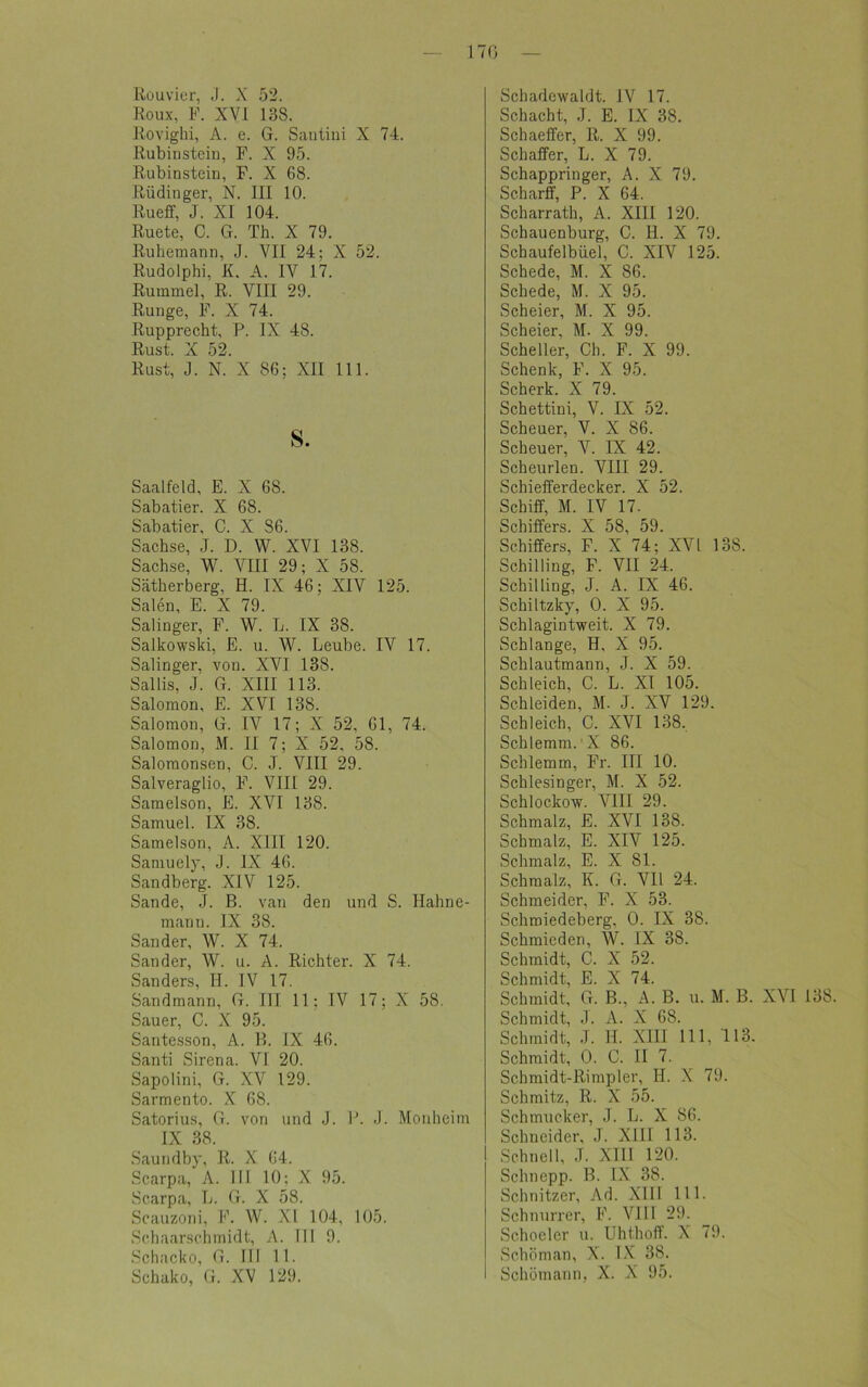170 Rouvier, J. X 52. Roux, F. XVI 138. Rovighi, A. e. G. Sautiui X 74. Rubinstein, F. X 95. Rubinstein, F. X 68. Rüdinger, N. III 10. Rueff, J. XI 104. Ruete, C. G. Th. X 79. Ruhemann, J. VII 24; X 52. Rudolphi, K. A. IV 17. Rummel, R. VIII 29. Runge, F. X 74. Rupprecht, P. IX 48. Rust. X 52. Rust, J. N. X 86; XII 111. s. Saalfeld, E. X 68. Sabatier. X 68. Sabatier, C. X S6. Sachse, J. D. W. XVI 138. Sachse, W. VIII 29; X 58. Sätherberg, H. IX 46; XIV 125. Sälen, E. X 79. Salinger, F. W. L. IX 38. Salkowski, E. u. W. Leube. IV 17. Salinger, von. XVI 138. Sallis, J. G. XIII 113. Salomon, E. XVI 138. Salomon, G. IV 17; X 52, 61, 74. Salomon, M. II 7; X 52, 58. Salomonsen, C. J. VIII 29. Salveraglio, F. VIII 29. Samelson, E. XVI 138. Samuel. IX 38. Samelson, A. XIII 120. Samuely, J. IX 46. Sandberg. XIV 125. Sande, J. B. van den und S. Hahne- manu. IX 38. Sander, W. X 74. Sander, W. u. A. Richter. X 74. Sanders, II. IV 17. Sandmann, G. III 11; IV 17; X 58. Sauer, C. X 95. Santesson, A. B. IX 46. Santi Sirena. VI 20. Sapolini, G. XV 129. Sarmento. X 68. Satorius, G. von und J. P. J. Monheim IX 38 Saundby, R. X 64. Scarpa, A. III 10; X 95. Scarpa, L. G. X 58. Scauzoni, F. W. XI 104, 105. Schaarschmidt, A. III 9. Schacko, G. III 11. Schadewaldt. IV 17. Schacht, J. E. IX 38. Schaeffer, R. X 99. Schaffer, L. X 79. Schappringer, A. X 79. Sc.harff, P. X 64. Scharrath, A. XIII 120. Schauenburg, C. Ii. X 79. Schaufelbüel, C. XIV 125. Schede, M. X S6. Schede, M. X 95. Scheier, M. X 95. Scheier, M. X 99. Scheller, Ch. F. X 99. Schenk, F. X 95. Scherk. X 79. Schettini, V. IX 52. Scheuer, V. X 86. Scheuer, V. IX 42. Scheurlen. VIII 29. Schiefferdecker. X 52. Schiff, M. IV 17. Schiffers. X 58, 59. Schiffers, F. X 74; XVI 138. Schilling, F. VII 24. Schilling, J. A. IX 46. Schiltzky, 0. X 95. Schlagintweit. X 79. Schlange, H, X 95. Schlautmann, J. X 59. Schleich, C. L. XI 105. Schleiden, M. J. XV 129. Schleich, C. XVI 138. Schlemm. X 86. Schlemm, Fr. III 10. Schlesinger, M. X 52. Schlockow. VIII 29. Schmalz, E. XVI 138. Schmalz, E. XIV 125. Schmalz, E. X 81. Schmalz, K. G. VII 24. Schmeider, F. X 53. Schmiedeberg, 0. IX 38. Schmieden, W. IX 38. Schmidt, C. X 52. Schmidt, E. X 74. Schmidt, G. B., A. B. u. M. B. XVI 138. Schmidt, J. A. X 68. Schmidt, J. H. XIII 111, 113. Schmidt, 0. C. II 7. Schmidt-Rimpler, II. X 79. Schmitz, R. X 55. Schmucker, J. L. X 86. Schueider, J. XIII 113. Schnell, ,T. XIII 120. Schnepp. B. IX 38. Schnitzer, Ad. XIII 111. Schnurrer, F. VIII 29. Scheeler u. Uhthoff. X 79. Sch öman, X. IX 38.