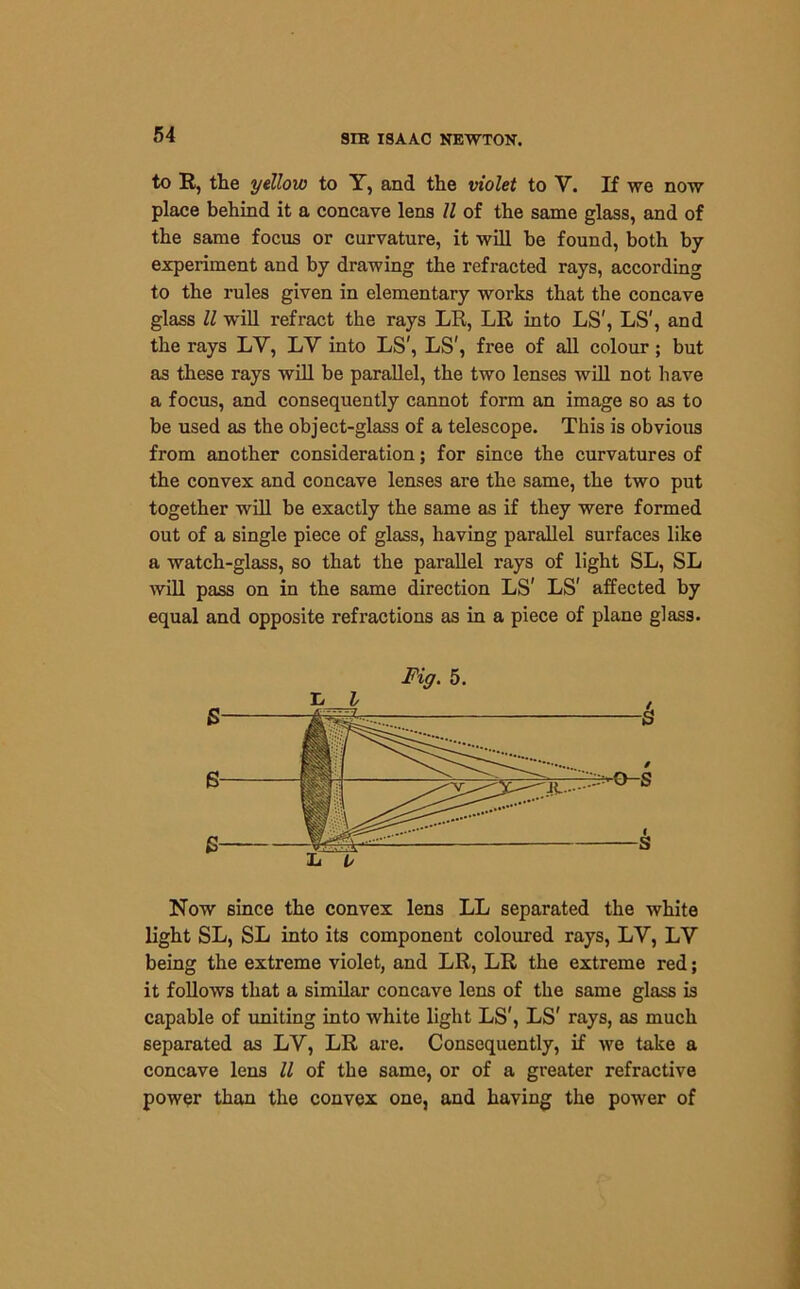 to R, the yellow to Y, and the violet to Y. If we now place behind it a concave lens 11 of the same glass, and of the same focus or curvature, it will be found, both by experiment and by drawing the refracted rays, according to the rules given in elementary works that the concave glass ll will refract the rays LR, LR into LS', LS', and the rays LY, LY into LS', LS', free of all colour ; but as these rays will be parallel, the two lenses will not have a focus, and consequently cannot form an image so as to be used as the object-glass of a telescope. This is obvious from another consideration; for since the curvatures of the convex and concave lenses are the same, the two put together will be exactly the same as if they were formed out of a single piece of glass, having parallel surfaces like a watch-glass, so that the parallel rays of light SL, SL will pass on in the same direction LS' LS' affected by equal and opposite refractions as in a piece of plane glass. Fig. 5. Now since the convex lens LL separated the white light SL, SL into its component coloured rays, LV, LV being the extreme violet, and LR, LR the extreme red; it follows that a similar concave lens of the same glass is capable of uniting into white light LS', LS' rays, as much separated as LY, LR are. Consequently, if we take a concave lens ll of the same, or of a greater refractive power than the convex one, and having the power of