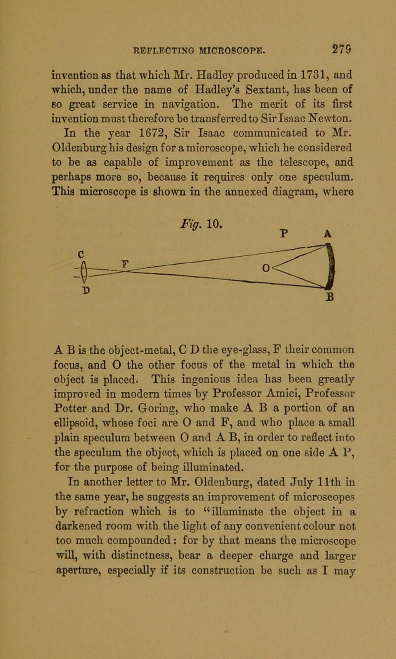 invention as that which Mr. Hadley produced in 1731, and which, under the name of Hadley’s Sextant, has been of so great service in navigation. The merit of its first invention must therefore be transferred to Sirlsaac Newton. In the year 1672, Sir Isaac communicated to Mr. Oldenburg his design for a microscope, which he considered to be as capable of improvement as the telescope, and perhaps more so, because it requires only one speculum. This microscope is shown in the annexed diagram, where A B is the object-metal, C D the eye-glass, F their common focus, and 0 the other focus of the metal in which the object is placed. This ingenious idea has been greatly improved in modern times by Professor Amici, Professor Potter and Dr. Goring, who make A B a portion of an ellipsoid, whose foci are 0 and F, and who place a small plain speculum between O and A B, in order to reflect into the speculum the object, which is placed on one side A P, for the purpose of being illuminated. In another letter to Mr. Oldenburg, dated July 11th in the same year, he suggests an improvement of microscopes by refraction which is to “illuminate the object in a darkened room with the light of any convenient colour not too much compounded: for by that means the microscope will, with distinctness, bear a deeper charge and larger aperture, especially if its construction be such as I may