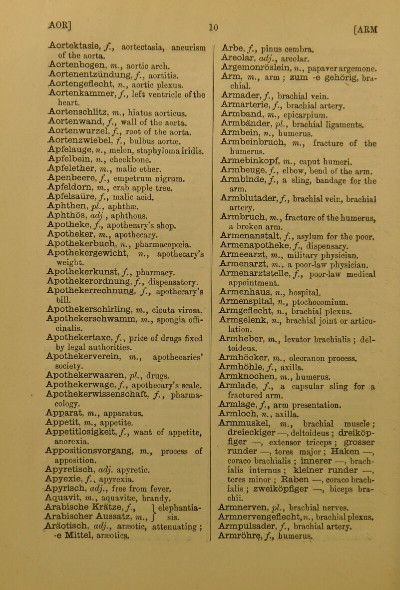 Aortektaaie, yi, aortectasia, aneurism of the aorta. Aortenbogen, m., aortic arch. Aortenentziindung,/.. aortitis. Aortengeflecht, n., aortic plexus. Aortenkammer, /., left ventricle of the heart. Aortenscblitz, m., hiatus aorticus. Aortenwand, /., wall of the aorta. Aortenwurzel,/., root of the aorta. Aortenzwiebel, /*,, bulbus aortse. Apfelauge,melon, staphyloma iridis. Apfelbein, ?i., cheekbone. Apfelether, m., malic ether. Apenbeere, f., empetrum nigrum. Apfeldom, m., crab apple tree. Apfelsaiire,/., malic acid. Apbtben, aphthae. Apbtbos, adj., aphthous. Apotheke, /., apothecary’s shop. Apotheker, m., apothecary. Apotbekerbuch, n., pharmacopoeia. Apothekergewicht, w., apothecary’s weight. Apothekerkunst,/., pharmacy. Apotbekerordnung,/., dispensatory. Apotbekeirecbnung, apothecary’s biU. Apotbekerscbirling, m., cicuta virosa. Apotbekerscbwamm, m., spongia offi- cinalis. Apotbekertaxe, price of drugs fixed by legal authorities. Apotbekerverein, m., apothecaries’ society. Apotbekerwaaren, pi., drugs. Apotbekerwage,, apothecary’s scale. Apotbekerwissenscbaft, /., pharma- cology. Apparat, m., apparatus. Appetit, m., appetite. Appetitlosigkeit,/., want of appetite, anorexia. Appositionsvorgang, m., process of apposition. Apyretiscb, adj. apyretic. Apyexie, /.apyrexia. Ap3ndscb, qdj., free from fever. Aquavit, m., aquavitae, brandy. Arabiscbe Kratze, /., 1 elephantia- Arabiscber Aussatz, m., J sis. Araotiscb, adj., araeotic, attenuating ; -e Mittel, araeoticp. pinus cembra. Areolar, adj., areolar. Argemonrbslein, n., papaverargemone. Arm, m., arm; zum -e geborig, bra- chial. Armader,brachial vein. Armarterie, brachial artery. Armband, m., epicarpium. Armbander, pi,, brachial ligaments. Armbein, n., humerus. Armbeinbrucb, m., fracture of the humerus. Armebmkopf, m., caput humeri. Armbeuge,elbow, bend of the arm. Armbinde,/., a sling, bandage for the arm. Armblutader,/., brachial vein, brachial artery. Armbrucb, m., fracture of the humerus, a broken arm. Armenanstalt, f., asylum for the poor. Armenapotbeke, /., dispensary. Armeearzt, m., military physician. Armenarzt, m., a poor-law physician. Armenarztstelle,/., poor-law medical appointment. Armenbaus, n., hospital. Armenspital, n., ptochocomium. Armgeflecbt, n., brachial plexus. Armgelenk, n., brachial joint or articu- lation. Armbeber, m., levator brachialis ; del- toid eus. Armbocker, m., olecranon process. Armboble,/., axilla. Armknocben, m., humerus. Armlade, /., a capsular sling for a fractured arm. Armlage, /., arm presentation. Armlocb, n., axilla. Armmuskel, m., brachial muscle; dreieckiger —, deltoideus ; dreikop- flger —, extensor triceps ; grosser runder —, teres major ; Haken —, coraco brachialis ; innerer —, brach- ialis internus ; kleiner runder —, teres minor ; Raben —, coraco brach- ialis ; zweikbpfiger —, biceps bra- chii. Armnerven, y)Z., brachial nerves. Armnervengeflecbt,/?.., brachial plexus. Armpulsader, /., brachial artery. Armrobre,/., humerus.