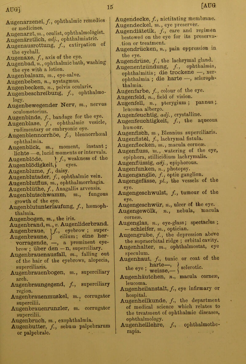 Augenarzenei,/., ophthalmic remedies or medicines. Augenarzt, , oculist, ophthalmologist. Augenarztlicli, adj.^ ophthalmiatric. Augenausrottimg, /., extirpation of the eyeball. Augenaxe, /., axis of the eye. Augenbad, 7i., ophthalmic bath, washing the eye with a lotion. Augenbalsam, m., eye-salve. Augenbeben, n., nystagmus. Augenbecken, n., pelvis ocularis. Augenbescbreibnng, /., ophthalmo- logy. Augenbewegender Nerv, m., nervus oculomotorius. Augenbinde, bandage for the eye. Augenblase, /., ophthalmic vesicle, rudimentary or embryonic eye. Augenblennorrhbe, /., blennorrhceal ophthalmia. Augenblick, m., moment, instant; licbte —e, lucid moments or intervals. Augenblode, ) /., weakness of the Augenblodigkeit,] eyes. Augenblume, /., daisy. Augenblutader, /., ophthalmic vein. Augenblutflus, m., ophthalmorrhagia. Augenbliitbe, /., Anagallis arvensis. Augenblutsobwamin, m., fungous growth of the eye. Augenblutunterlaufimg, /., hsemoph- thalmia. Augenbogen, m., the iris. Augenbrand, m., v. Augenliderbrand. Augenbraue, >/., eyebrow ; super- Augenbraime, J ciliura; eine her- vorragende, —, a prominent eye- brow ; iiber den — n, superciliary. Augenbranenausfall, m., falling out of the hair of the eyebrows, alopecia, superciliaris. Augenbranenbogen, m., superciliary arch. Augenbraimgegend, /., superciliary region. Augenbranenmuskel, m., corrugator supercilii. Augenbrauenrunzler, m. corrugator supercilii. Augenbruch, m., exophthalmia. Augenbutter, /,, sebum palpebrarum or palpebral e. Augendecke,/., nictitating membrane. Augendeckel, m., eye preserver. Augendiatetik, /., care and regimen bestowed on the eye for its preserva- tion or treatment. Augendriicken, w., pain oppression in the eye. Augendriise, /., the lachrymal gland. Augenentziindung, /., ophthalmia, ophthalmitis; die trockene —, xer- ophthalmia ; die harte —, scleroph- thalmia. Augenfarbe, /., colour of the eye. Augenfeld, ti., field of vision. Augenfell, n., pterygium ; pannus; leucoma albergo. Angenfeuchtig, adj., crystalline. Augenfeuchtigkeit, /., the aqueous humour. Augenfisch, m., Blennius superciliaris. Augenfistel, /., lachrymal fistula. Augenflecken, m., macula cornese. Augenfluss, m., watering of the eye, epiphora, stillicidium lachrymalis. Augenfliissig, adj., epiphorous. Augenfunken, n., photopsy. Augenganglie, /., optic ganglion. Augengefasse, jpl., the vessels of the eye. Augengeschwnlst, /., tumour of the eye. Augengeschwur, n., ulcer of the eye. Augengewolk, n., nebula, macula cornese. Augenglas, n., eye-glass; spectacles ; — scbleifer, m., optician. Angengrube, /., the depression above the supraorbital ridge ; orbital cavity. Angenhalter, m., ophthalmostat, eye speculum. Augenbaut, /., tunic or coat of the the eye ; harte—, weisse,— Augenhautchen, n.. sclerotic, macula cornese, leucoma. AugenheUanstalt,/., eye infirmary or hospital. Augenheilkunde, the department of medical science which relates to the treatment of ophthalmic diseases, ophthalmology. Augenheillehre, ophthalmothe- rapia.