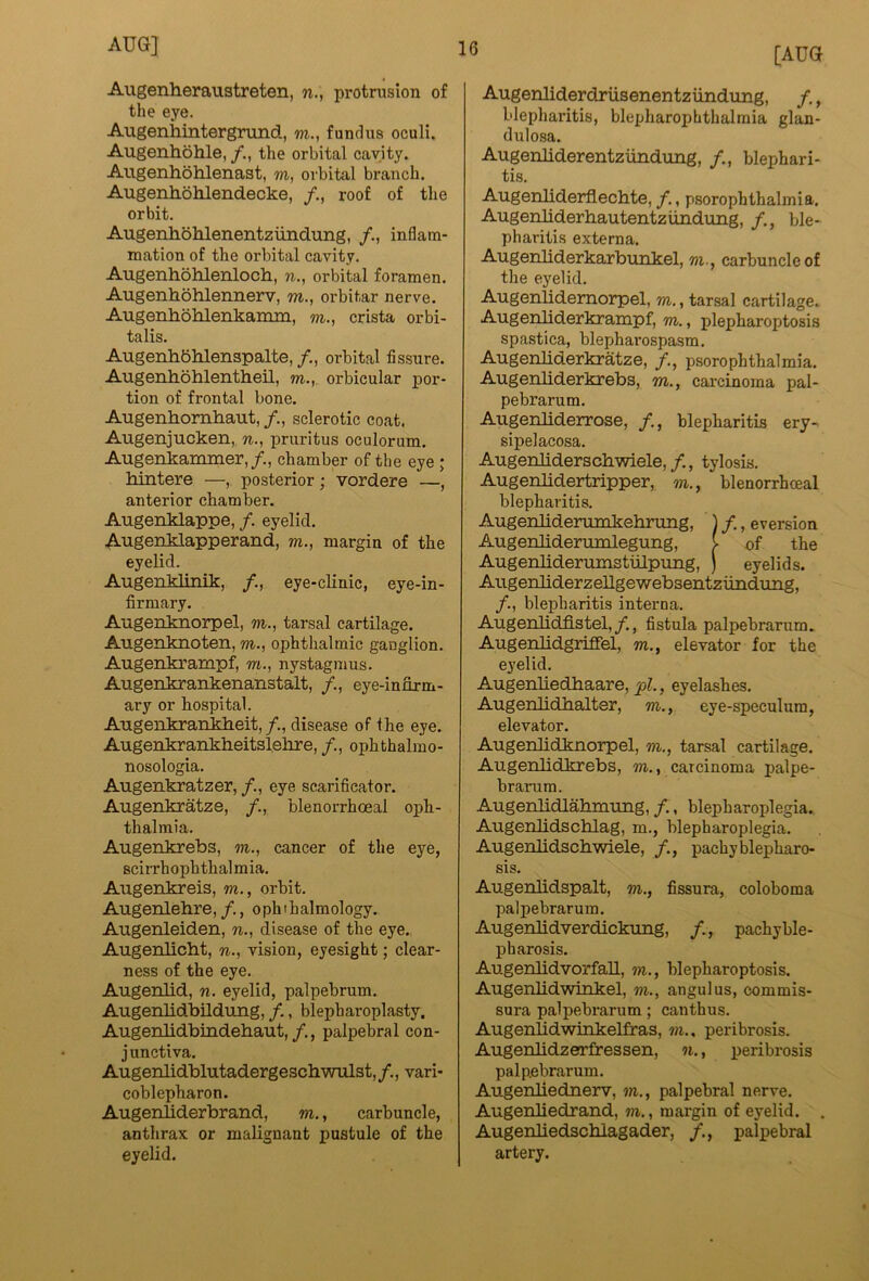Augenheraustreten, n., protrusion of the eye. Augenhintergnmd, m., fundus oculi. Augenhdhle, the orbital cavity. Augenhohlenast, m, orbital branch. Augenh.ohlend.ecke, /., roof of the orbit. Augenhohlenentziindung, inflam- mation of the orbital cavity. Augenhohlenloch, n., orbital foramen. Augenhbhlennerv, m., orbitar nerve. Augenhohlenkamm, m., crista orbi- talis. Augenhbhlenspalte, /., orbital fissure. Augenhbhlentheil, m., orbicular por- tion of frontal bone. Augenhornhaut, /., sclerotic coat. Augenjucken, ?i., pruritus oculorum. Augenkammer,/., chamber of the eye ; hintere —, posterior; vordere —, anterior chamber. Augenklappe, /. eyelid. Augenklapperand, m., margin of the eyelid. Augenklinik, eye-clinic, eye-in- firmary. Augenknorpel, m., tarsal cartilage. Augenknoten, m.i ophthalmic ganglion. Augenkrampf, m., nystagmus. Augenkrankenanstalt, /., eye-inhrm- ary or hospital. Augenkrankheit,/., disease of Ihe eye. Augenkrankheitslehre, /., ophthalino- nosologia. Augenkratzer, /., eye scarificator. Augenkratze, /., blenorrhoeal oph- thalmia. Augenkrebs, m., cancer of the eye, scirrhophthalmia. Augenkreis, m., orbit. Augenlehre,/., ophthalmology. Augenleiden, w., disease of the eye. Augenlicht, n., vision, eyesight; clear- ness of the eye. Augenlid, n. eyelid, palpebrum. Augenlidbildung, f., blepharoplasty, Augenlidbindehaut,/., palpebral con- junctiva. Augenlidblutaderge schwulst, /., vari- coblepharon. Augenliderbrand, m., carbuncle, anthrax or malignant pustule of the eyelid. [AUG Augenliderdriisenentziindung, f., blepharitis, blepharophthalmia glan- dulosa. Augenhderentzundung, /., blephari- tis. Augenliderflechte, /., psorophthalmia. Augenliderhautentziindtmg, /., ble- pharitis externa. Augenhderkarbunkel, m-, carbuncle of the eyelid. Augenlidemorpel, m., tarsal cartilage. Augenliderkrampf, m., plepharoptosis spastica, blepharospasm. Augenliderkratze, /., psorophthalmia. Augenliderkrebs, w., carcinoma pal- pebrarum. Augenliderrose, /., blepharitis ery- sipelacosa. Augenliderschwiele,/., tylosis. Augenlidertripper, m., blenorrhceal blepharitis. Augenbderumkelmmg, 1 /, eversion Augenliderumlegung, of the Augenliderumstiilpung, ) eyelids. Augenliderzellgewebsentzimdung, /., blepharitis interna. Augenlidflstel,/., fistula palpebrarum. Augenlidgriffel, m., elevator for the eyelid. Augenliedhaare, ;pl., eyelashes. Augenlidhalter, m., eye-speculum, elevator. Augenlidknorpel, m., tarsal cartilage. Augenlidkrebs, m., carcinoma palpe- brarum. Augenlidlahmung, /., blepharoplegia. AugenJidschlag, m., blepharoplegia. Augenlidscbwiele, /., pachyblepharo- sis. Augenlidspalt, m., fissura, coloboma palpebrarum. Augenlidverdickung, /., pachyble- pharosis. Augenlidvorfall, blepharoptosis. Augenbdwinkel, m., angulus, commis- sura palpebrarum; canthus. Augenlidwinkelfras, in., peribrosis. Augenlidzerfressen, n., peribrosis palpebrarum. Augenliednerv, m., palpebral nerve. Augenliedrand, in., margin of eyelid. . Augenliedschlagader, palpebral artery.