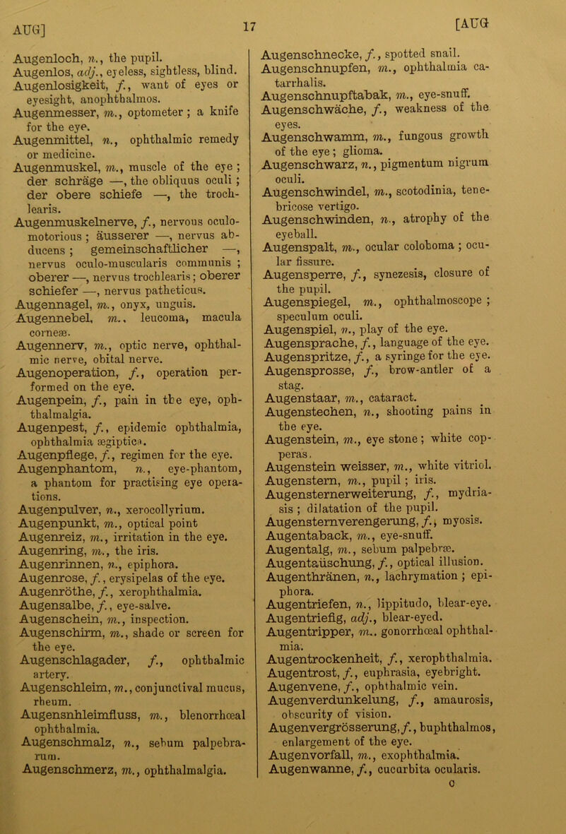 Augenloch, n., the pupil. Augenlos, adj., ejeless, sightless, blind. Augenlosigkeit, want of eyes or eyesight, anophthalmos. Augemnesser, m., optometer ; a knife for the eye. Augenmittel, n., ophthalmic remedy or medicine. Augemnuskel, m., muscle of the eye ; der schrage —, the obliquus oculi; der obere schiefe —, the troch- learis. Augeninuskelnerve, /., nervous oculo- motorious ; ausserer —, nervus ab- ducens ; gemeinscbaftlicher —, nervus oculo-muscularis communis ; oberer —, nervus trochleaiis; oberer schiefer —, nervus patheticus. Augennagel, m., onyx, unguis. Augermebel, m., leucoma, macula corneae. Augeimerv, m., optic nerve, ophthal- mic nerve, obital nerve. Augenoperation, /., operation per- formed on the eye. Augenpein, /., pain in tte eye, oph- thalmalgia. Augenpest, /., epidemic ophthalmia, ophthalmia aegiptica. Augenpflege, /., regimen for the eye. Augenpbantom, n., eye-phantom, a phantom for practising eye opera- tions. Augenpulver, n., xerocollyrium. Augenpnnkt, m., optical point Augenreiz, m., irritation in the eye. Atigenring, m., the iris. Augenrinnen, n., epiphora. Augenrose, /., erysipelas of the eye. Augenrotbe, /., xerophthalmia. Augensalbe, f., eye-salve. Augenschein, m., inspection. Augenschirm, m., shade or screen for the eye. Augenschlagader, ophthalmic artery. Augenschleim, ?/?., conjunctival mucus, rheum. Augensnbleimfluss, m., blenorrhceal ophthalmia. Augenscbmalz, w., sebum palpebra- rum. Augenschmerz, m., ophthalmalgia. Augenschnecke, /., spotted snail, Augenschnupfen, m., ophthalmia ca- tarrhal is. Augenscbnupftabak, m., eye-snuflf. Augenscbwache, weakness of the eyes. Augenschwamm, m., fungous growth of the eye; glioma. Augenscbwarz, n., pigmentum nigrum oculi. Augenschwindel, m., scotodinia, tene- bricose vertigo. Augenschwinden, n., atrophy of the eyeball. Augenspalt, m., ocular coloboma ; ocu- lar fissure. Augensperre, /., synezesis, closure of the pupil. Augenspiegel, m., ophthalmoscope ; speculum oculi. Augenspiel, ii,, play of the eye. Augenspracbe, /., language of the eye. Augenspritze, /., a syringe for the eye. Augensprosse, /., brow-antler of a stag. Augenstaar, m., cataract. Augenstecben, n., shooting pains in the eye. Augenstein, m., eye stone ; white cop- peras , Augenstein weisser, m., white vitriol. Augenstem, m., pupil; iris. Augensternerweiterung, /., mydria- sis ; dilatation of the pupil. Augenstemverengerung, /. ^ myosis. Augentaback, m., eye-snulf. Augentalg, m., sebum palpebrge. Augentaiischung,/., optical illusion. Augenthranen, n., lachrymation ; epi- phora. Augentriefen, n., lippitudo, blear-eye. Augentriefig, adj., blear-eyed. Augentripper, m.. gonorrhoeal ophthal- mia. Augentrockenheit, /., xerophthalmia. Augentrost, /., euphrasia, eyebright. Augenvene,/., ophthalmic vein. Augenverdunkelung, /., amaurosis, obscurity of vision. Augenvergrosserung,/., buphthalmos, enlargement of the eye. Augenvorfall, m., exophthalmia. Augenwanne,, cueurbita ocularis. 0