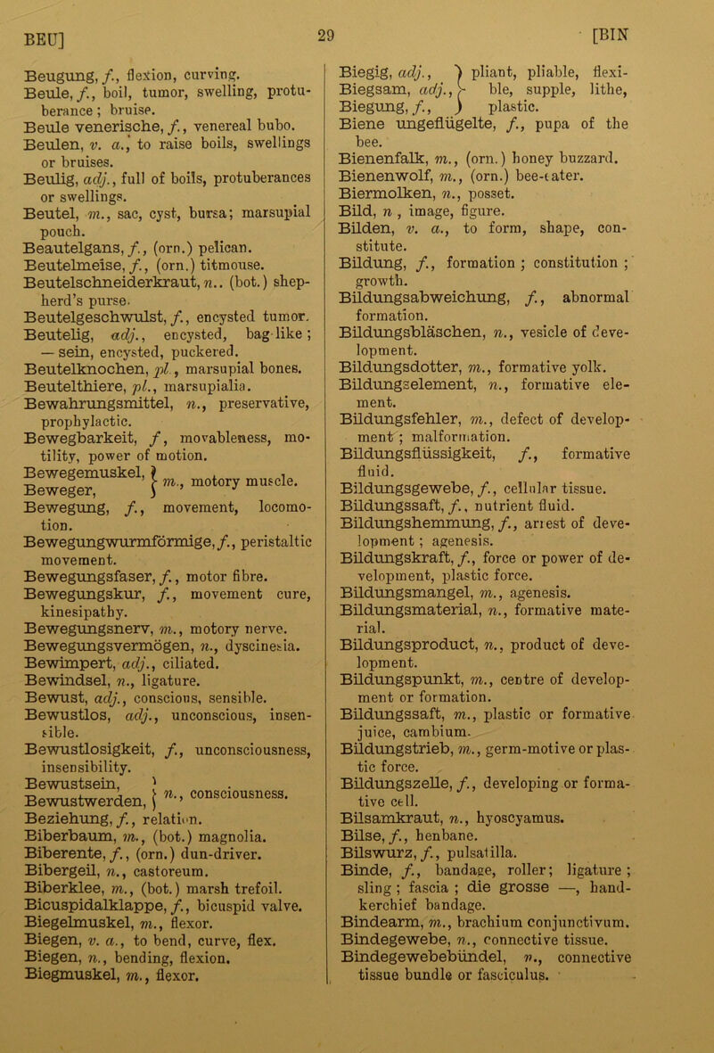 Beugung,flexion, curving. Beule,boil, tumor, swelling, protu- berance ; bruise. Beule venerische, /., venereal bubo. Beulen, v. a., to raise boils, swellings or bruises. Beulig, adj., full of boils, protuberances or swellings. Beutel, m., sac, cyst, bursa; marsupial pouch. Beautelgans,/., (orn.) pelican. Beutelmeise,/., (orn.) titmouse. BeutelsclmeiderkrautjTz.. (bot.) shep- herd’s purse. Beutelgeschwulst,/., encysted tumor. Beutelig, adj., encysted, baglike; — sein, encysted, puckered. Beutelknochen, pi., marsupial bones. Beutelttdere, pL, marsupialia. Bewahrungsmittel, n., preservative, prophylactic. Bewegbarkeit, /, movableness, mo- tility, power of motion. Bewegemuskel, ? ^ motory muscle. Beweger, ) ’ Bewegung, /., movement, locomo- tion. Bewegimgwurmfdrmige,/., peristaltic movement. Bewegungsfaser, /., motor fibre. Bewegungskur, /., movement cure, kinesipathy. Bewegungsnerv, m., motory nerve. Bewegungsvermogen, w., dyscinesia. Bewimpert, adj., ciliated. Bewindsel, n., ligature. Bewust, adj., conscious, sensible. Bewustlos, adj., unconscious, insen- sible. Bewustlosigkeit, /., unconsciousness, insensibility. Bewustsein, ) Bewuatwerden, j Beziehung,/., relation. Biberbaum, m., (bot.) magnolia. Biberente,/., (orn.) dun-driver. Bibergeil, n., castoreum. Biberklee, m., (bot.) marsh trefoil. Bicuspidalklappe,/., bicuspid valve. Biegelmuskel, m., flexor. Biegen, v. a., to bend, curve, flex. Biegen, n., bending, flexion, Biegmuskel, m., flexor. Biegig, adj., ^ pliant, pliable, flexi- Biegsam, adj.,> ble, supple, lithe, Biegung,/., ) iflastic. Biene tuigefliigelte, /., pupa of the bee. Bienenfalk, m., (orn.) honey buzzard. Bienenwolf, m., (orn.) bee-tater. Biermolken, n., posset. Bild, n , image, figure. Bidden, v. a., to form, shape, con- stitute. Bildung, /., formation ; constitution ; growth. Bildungsabweicbung, /., abnormal formation. Bildungsblascben, n., vesicle of deve- lopment. Bildungsdotter, m., formative yolk. Bildungselement, n., formative ele- ment. Bildungsfehler, m., defect of develop- ment; malforniation. BildungsfLiissigkeit, /., formative fluid. Bildungsgewebe,/., cellular tissue. Bildungssaft,/., nutrient fluid. Bildungshenmiung,/., arrest of deve- lopment ; agenesis. Bildungskrait,/., force or power of de- velopment, plastic force. Bildungsmangel, m., agenesis. Bildungsmaterial, n., formative mate- rial. Bildungsproduct, n., product of deve- lopment. Bildungspunkt, m., centre of develop- ment or formation. Bildungssaft, m., plastic or formative juice, cambium. Bildungstrieb, m., germ-motive or plas- tic force. Bildungszelle,/., developing or forma- tive cell. Bilsamkraut, n., hyoscyamus. Bilse,/., henbane. Bilswurz,/., pulsatilla. Binde, /., bandage, roller; ligature; sling; fascia ; die grosse —, hand- kerchief bandage. Bindearm, m., brachium conjunctivum. Bindegewebe, n., connective tissue. Bindegewebeblindel, v., connective tissue bundle or fasciculus.