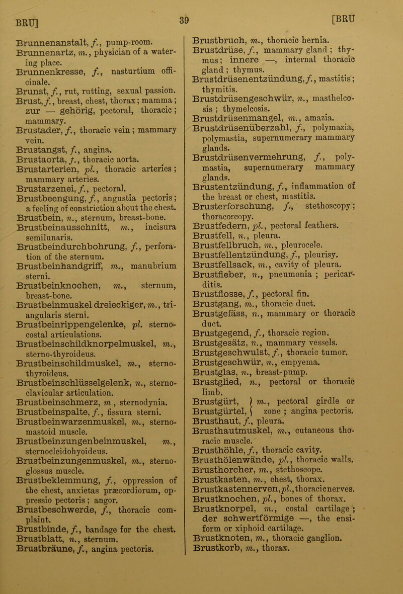Brunnenanstalt, /., pump-room. Bninnenartz, m., physician of a water- ing place. Brunnenkresse, /., nasturtium offi- cinale. Brunst, rut, rutting, sexual passion. Brust,breast, chest, thorax; mamma; zur — geliorig, pectoral, thoracic; mammary. Brustader, /., thoracic vein; mammary vein. Brustangst, /., angina. Brustaorta, /., thoracic aorta. Bmstarterien, pi., thoracic arteries; mammary arteries. Brustarzenei, /., pectoral. Brustbeengung,/., angustia pectoris; a feeling of constriction about the chest. Bmstbein, n., sternum, breast-bone. Brustbeinaussclinitt, m., incisura semilunaris. Brustbemdurchbohning, perfora- tion of the sternum. Brustbeinhandgriff, m., manubrium sterni. Brustbeinknocben, m., sternum, breast-bone. Brustbeinmuskel dreieckiger, m., tri- angularis sterni. Brustbeinrippengelenke, pi. sterno- costal articulations. BrustbeinscMldknorpelniuskel, m., stern o-th y roid eus. BrustbeinscMLdmuskel, m., sterno- thyroid eus. Brustbeinscbliisselgelenk, w., sterno- clavicular articulation. Brustbeinsclimerz, m, sternodynia. Brustbeinspalte,, fissura sterni. Brustbeinwarzenmuskel, m., stemo- mastoid. muscle. Bnistbeinzungenbeinmuskel, m,, sternocleidohyoideus. Bnistbeinzuiigenniuskel, m., sterno- glossus muscle. Brustbeklemmung, /,, oppression of the chest, anxietas praecordiorum, op- pressio pectoris; angor. Brustbeschwerde, /., thoracic com- plaint. Bnistbinde, /., bandage for the chest. Brustblatt, n., sternum. Bruatbraune, f., angina pectoris. Brustbmch, m., thoracic hernia. Brustdriise, /., mammary gland ; thy- mus ; innere —, internal thoracic gland; thymus. Brustdrusenentziindung,/., mastitis; thymitis. Brustdriisengescbwiir, w., masthelco- sis ; thymelcosis. Brustdriiseninangel, w., amazia. Brustdruseniiberzahl, polymazia, polymastia, supernumerary mammary glands. Brustdjusenvermehrung, /., poly- mastia, supernumerary mammary glands. Brustentzimdimg,inflammation of the breast or chest, mastitis. Brusterforschung, /., stethoscopy; thoracoscopy. Brustfedem, pi., pectoral feathers. Brustfell, w., pleura. Brustfellbrucb, m., pleurocele. Brustfellentzundung, /., pleurisy. Bmstfellsack, m., cavity of pleura. Brustfieber, n., pneumonia ; pericar- ditis. Brustflosse, f., pectoral fin. Brustgang, m., thoracic duct. Brustgefass, n., mammary or thoracic duct. Brustgegend, /., thoracic region. Brustgesatz, n,, mammary vessels. Bmstgeschwulst, /., thoracic tumor. Brustgeschwiir, %., empyema. Brustglas, ri., breast-pump. Brustglied, n., pectoral or thoracic limb. Brustgiirt, ) m., pectoral girdle or Brustgiirtel, \ zone ; angina pectoris. Brusthaut, pleura. Brusthautmuskel, m., cutaneous tho- racic muscle. Brusthohle,/., thoracic cavity. Brustholenwande, pi., thoracic walls. Brustborcber, m., stethoscope. Brustkasten, m., chest, thorax. Brustkastennerven, pL, thoracic nerves. Brustknocben, pi., bones of thorax. Brustknorpel, m., costal cartilage; der scbwertformige —, the ensi- form or xiphoid cartilage. Brustknoten, m., thoracic ganglion. Brustkorb, m., thorax.
