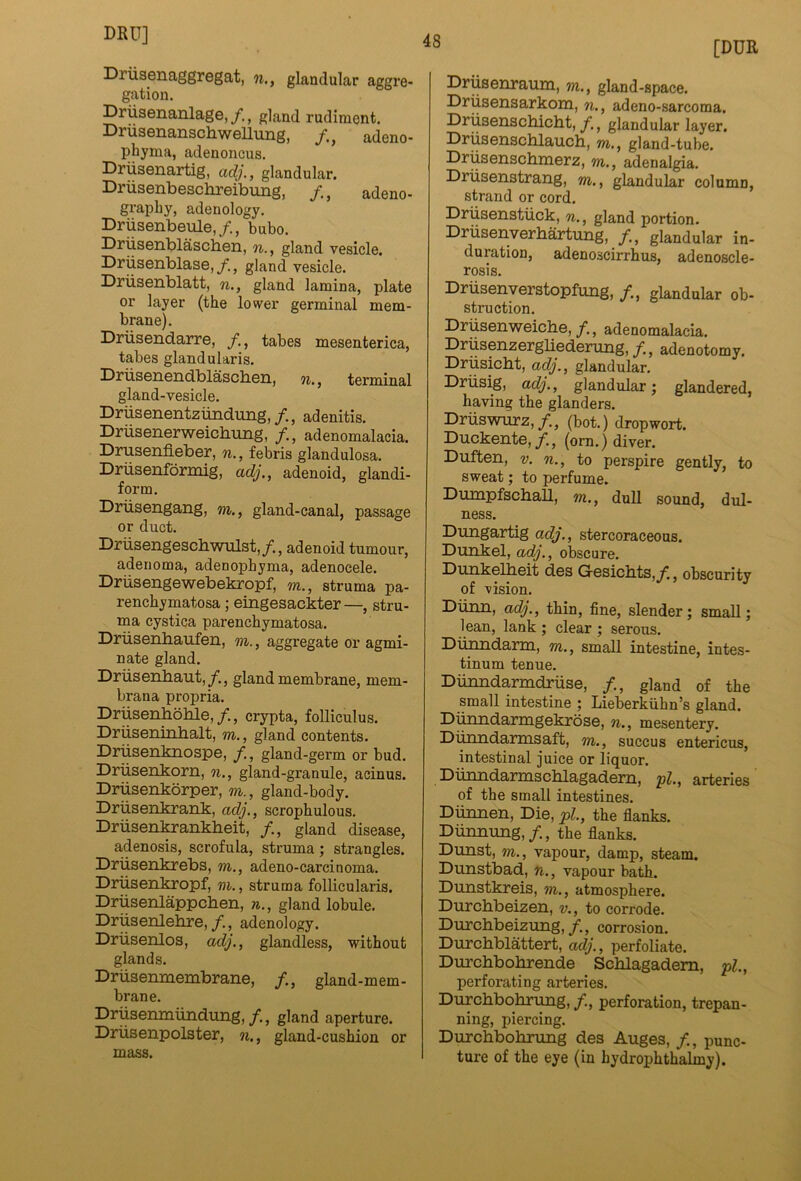 [DUR Driisenaggregat, w., glandular aggre- gation. Driisenanlage,gland rudiment. DriissnanscliwGlluiig, y, ^ adeno- phyma, adenoncus. Briisenartig, adj., glandular. Briisenbeschreibung, /,, adeno- graphy, adenology. Briisenbeule,/., bubo. Briisenblascben, n., gland vesicle. Briisenblase,/., gland vesicle. Briisenblatt, n., gland lamina, plate or layer (the lower germinal mem- brane). Briisendarre, tabes mesenterica, tabes glandularis. Briisenendblascben, n., terminal gland-vesicle. Briisenentzundung,/., adenitis. Briisenerweichimg, /., adenomalacia. Brusenfleber, n., febris glandulosa. Briisenformig, adj., adenoid, glandi- form. Briisengang, m., gland-canal, passage or duct. Briisengescbwulst,/., adenoid tumour, adenoma, adenophyma, adenocele. Briisengewebekropf, m., struma pa- renchymatosa; eingesackter —, stru- ma cystica parenchymatosa. Briisenhaufen, m., aggregate or agmi- nate gland. Briisenbaut,/., gland membrane, mem- brana propria. Briisenhoble,/., crypta, folliculus. Briiseninbalt, m., gland contents. Briisenknospe, /., gland-germ or bud. Briisenkorn, n., gland-granule, acinus. Briisenkorper, m., gland-body. Briisenkrank, adj,, scrophulous. Briisenlpankheit, /., gland disease, adenosis, scrofula, struma; strangles. Briisenkrebs, m., adeno-carcinoma. Briisenkropf, vi., struma follicularis. Briisenlappcben, n., gland lobule. Briisenlehre,/., adenology. Briisenlos, adj., glandless, without glands. Briisemnembrane, f,, gland-mem- brane. Briisenmiindung, f., gland aperture. Briisenpolster, n., gland-cushion or mass. Briisenraum, m., gland-space. Briisensarkom, n., adeno-sarcoma. Briisenschicht,/., glandular layer. Briisenschlauch, m., gland-tube. Briisenschmerz, m., adenalgia. Briisenstrang, m., glandular column, strand or cord. Briisenstiick, n., gland portion. Briisenverhartung, f., glandular in- duration, adenoscirrhus, adenoscle- rosis. Briisenverstopfung, /., glandular ob- struction. Briisenweiche,/., adenomalacia. BrusenzergUederung,/., adenotomy. Brusicbt, adj., glandular. Briisig, adj., glandular; glandered, having the glanders. Briiswurz,/., (hot.) dropwort. Buckente, y., (om.) diver. Buften, V. n., to perspire gently, to sweat; to perfume. BumpfschaU, m., dull sound, dul- ness. Bungartig adj., stercoraceous. Bunkel, adj., obscure. Bunkelbeit des G-esicbts,/, obscurity of vision. Biirm, adj., thin, fine, slender; small; lean, lank ; clear ; serous. Bunndarra, m., small intestine, intes- tinum tenue. Biinndarmdmse, f., gland of the small intestine ; Lieberkiihn’s gland. Bujindariiigekrdse, n., mesentery. Buiiiidariiisaft, m., succus entericus, intestinal juice or liquor. BuiindariiisclilagadGrii, pZ., arteries of the small intestines. Bimnen, Die, pi., the flanks. Bunnung,y., the flanks. Bunst, m., vapour, damp, steam. Bunstbad, n., vapour bath. Bunstkreis, m., atmosphere. Burcbbeizen, v., to corrode. Burchbeizung,/, corrosion. Burcbblattert, adj., perfoliate. Burchbobrende Scblagadem, pi., perforating arteries. Burcbbobramg, f., perforation, trepan- ning, piercing. Burcbbobrung des Auges, f., punc- ture of the eye (in hydrophthalmy).