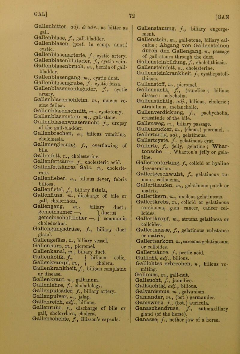 Gallenbitter, adj. tfc adv., as bitter as gall. GaUenblase, gall-bladder. Gallenblasen, (pref. ia comp, anat.) cystic. GaUenblassnarteri©, f., cystic artery. Gallenblasenblutader, /., cystic vein. Gallenblasenbrucb, m., hernia of gall- bladder. GaUenblasengang, m., cystic duct. GaUenblasengrube, /., cy stic fossa. Gallenblasenschlagader, cystic artery. Gallenblasenscbleim,, wi., mucus ve- sicse fellese. Gallenblasenschnitt, m., cystotomy. Gallenblasenstein, m., gall-stone. Gallenblasenwassersucbt, /., dropsy of the gall-bladder. GaUenbrechen, n., bilious vomiting, cholemesia, GaUenergiesung, /., overflowing of bile. Gallenfett, n., cholesterine. GaUenfettsaxire, cholesteric acid. GaJlenfettsaures Salz, n., choleste- rate. Gallenfleber, n., bilious fever, febris biKosa. Gallenfistel, /., biliary fistula, Gallenfluss, m., discharge of bile or gall, cholorrhcea. Gallengang, m., biliary duct; gememsamer —, 1 ductus gemeinscbaftliclier —, j communis choledochus. GaUengangsdriise, /., biliary duct gland. Gallengefass, w., biliary vessel. Gallenharz, m., picromel. G allenkanal, m., biliary duct. Gallenkolik, ) bilious colic, Gallenkrampf, m., ( cholera. GaUenkrankbeit, f., bilious complaint or disease. Gallenkraut, n., galbanum. Gallenlebre, choladology. Gallenpulsader, biliary artery. Gallenpulver, n., jalap. Gallenreich, adj., bilious. Gallenruhr, discharge of bile or gall, cholorrhcea, cholera. Gallenscheide, /,, Glisson’s capsule. [GAN Gallenstauung, biliary engorge- ment, Gallenstein, m., gall-stone, biliary cal- culus ; Abgang von Gallensteinen durch den Gallengang, n., passage of gall-stones through the duct, Gallensteinbildung, f., cholelithiasis. Gallensteinfett, cholesterine. GaUensteinkrankheit, /., cysthepatoU- thiasis, GaUenstoff, m., picromel. Gallensucbt, jaundice ; bilious disease ; polycholia. GaUensiicMig, adj., bilious, choleric ; atrabilious, melancholic. GaUenverdickung, /, pachycholia, crassitude of the bile. Gallenweg, m., biliary passage. Gallenzucker, m., (chem.) picromel. Gallertartig, adj., gelatinous. Gallertcyste, /., gelatinous cyst. Gallerte, /., jelly, gelatine; Wbar- tonsche —, Wharton’s jelly or gela- tine. Gallertentartung, /., colloid or hyaline degeneration. Gallertgescbwulst, f., gelatinous tu- mour, collonema. Gallerthaufen, m,, gelatinous patch or matrix. Gallertkem, m., nucleus gelatinosus. Gallertkrebs, m., colloid or gelatinous carcinoma, gum cancer, cancer col- loides, Gallertkropf, m., struma gelatinosa or colloides. Gallertmasse, /., gelatinous substance or matrix, Gallertsarkom, n., sarcoma gelatinosum or colloides. Gallertsaure, /., pectic acid. Gallicht, adj., bilious. Gallichtes erbrecben, n., bilious vo- miting. Gallnuss, m., gall-nut. Gallsucht, /,, jaundice, Gallsuchtig, adj., bilious. Galvanismus, m., galvanism. Gamander, m., (bot.) germander. Gamswurz, (bot.) auricula. Ganaschendruse, /., submaxillary gland (of the horse). Ganasse; /., nether jaw of a horse.