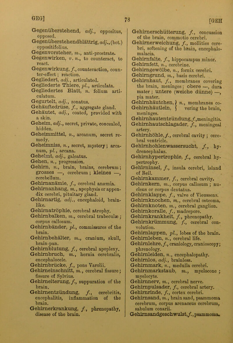 Gegenuberstehend, adj,, oppositus, opposed. Gegeniiberstebendblattrig, adJ., (bot.) oppositifolius. Gegenvorsteber, m., anti-prostrate. Gegenwirken, v. n., to counteract, to react. Gegenwirkimg, counteraction, coun- ter-effect ; reaction. Gegliedert, adj., articulated. Gegliederte Tbiere, pi, articulata. Gegbedertes Blatt, n. folium arti- culatum. Gegurtelt, adj., zonatus. Gebauftedriise, f., aggregate gland. Gebautet, adj., coated, provided with a skin. Gebeira, adj., secret, private, concealed, hidden. Gebeunmittel, n., arcanum, secret re- medy. Gebeimniss, n., secret, mystery; arca- num, pi, arcana. Gebelmt, adj., galeatus. Geben, n., progression. Gebim, n., brain, brains, cerebrum; grosses —, cerebrum; kleines —, cerebellum. Gebirnanainie, /., cerebral anaemia. Gebirnanbang, m., apophysis or appen- dix cerebri, pituitary gland. Gebimartig, adj., encephaloid, brain- like. Gebimatropbie, cerebral atrophy. Gebimbalken, m., cerebral trabeculae; corpus callosum. Gebirnbander, pi, commissures of the brain. Gebimbebalter, m., cranium, skull, brain-pan. Gebimblutung, /., cerebral apoplexy. Gebimbrucb, m., hernia cerebralis, encephalocele. Gebimbriicke, /., pons Varolii. Gebirneinscbnitt, m., cerebral fissure; fissure of Sylvius. Gebimeiterung, /., suppuration of the brain. Gebirnentziindmig, /., cerebritis, encephalitis, inflammation of the brain. Gebimerkrankung, /., phrenopathy, disease of the brain. [GEH Gebirnerscbiitterung, /., concussion of the brain, commotio cerebri. Gebimerweicbung, /., mollities cere- bri, softening of the blrain, encepbalo- malacia. Gebimfalte, /., hippocampus minor. Gebimfett, n., cerebrine. Gebirngetvolbe, n., fornix cerebri. Gebirngriind, m., basis cerebri. Gebimbaut, f., membranes covering the brain, meninges; obere —, dura mater; untere (weicbe diinne) —, pia mater. Gebimbautcben,) n., membranes co- Gebimbautlein, J vering the brain, meninges. Gebirnbautentziindung,/.,meningitis. Gebimbautscblagader, /., meningeal artery. Gebirnboble,/., cerebral cavity ; cere- bral ventricle. Gebimb oblenwassersucbt, /., hy- drencephalus. Gebimbypertropbie, cerebral hy- pertrophy. Gebirninsel, f., insula cerebri, island of Beil. Gebirnkammer, /., cerebral cavity. Gebirnkem, m., corpus callosum; nu- cleus or corpus deutatus. Gebirnklappe, f., valve of Vieussens. Gebirnknocben, m,., cerebral osteoma. Gebirnknoten, m., cerebral ganglion. Gebimkoralle, /., madrepore. Gebimkrankbeit, /., phrenopathy. Gebirnkriimmung, /., cerebral con- volution. Gebimlappen, pi, lobes of the brain. Gebirnleben, n., cerebral life. Gebimlebre,/., craniology, cranioscopy; phrenology. Gebirnleiden, n., encephalopathy. Gebimlos, adj., brainless. Gebirmnark, n., medulla cerebri. Gebirnmarkstaub, m., myelocone ; myelocyte. Gebimnerv, m., cerebral nerve. Gebimpulsader, /., cerebral artery. Gebimrinde, /., cortex cerebri. Gebimsand, m., brain sand, psammoma cerebrum, corpus arenaceus cerebrum, sabulum conarii. Gebimsandgescbwulst,/., psammoma.