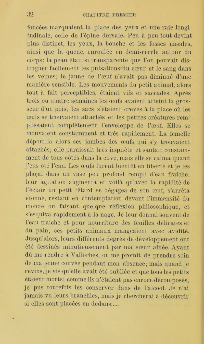 foncées marquaient la place des yeux et une raie longi- tudinale, celle de l’épine dorsale. Peu à peu tout devint plus distinct, les yeux, la bouche et les fosses nasales, ainsi que la queue, enroulée en demi-cercle autour du corps; la peau était si transparente que l’on pouvait dis- tinguer facilement les pulsations du cœur et le sang dans les veines; le jaune de l’œuf n’avait pas diminué d’une manière sensible. Les mouvements du petit animal, alors tout à fait perceptibles, étaient vifs et saccadés. Après trois ou quatre semaines les œufs avaient atteint la gros- seur d’un pois, les sacs s’étaient crevés à la place où les œufs se trouvaient attachés et les petites créatures rem- plissaient complètement l’enveloppe de l’œuf. Elles se mouvaient constamment et très rapidement. La femelle dépouilla alors ses jambes des œufs qui s’v trouvaient attachés; elle paraissait très inquiète et sautait constam- ment de tous côtés dans la cuve, mais elle se calma quand j’eus ôté l’eau. Les œufs furent bientôt en liberté et je les plaçai dans un vase peu profond rempli d’eau fraîche; leur agitation augmenta et voilà qu’avec la rapidité de l’éclair un petit têtard se dégagea de son œuf, s’arrêta étonné, restant en contemplation devant l’immensité du monde ou faisant quelque réflexion philosophique, et s’esquiva rapidement à la nage. Je leur donnai souvent de l’eau fraîche et pour nourriture des feuilles délicates et du pain; ces petits animaux mangeaient avec avidité. Jusqu’alors, leurs différents degrés de développement ont été dessinés minutieusement par ma sœur aînée. Ayant dû me rendre à Vallorbes, on me promit de prendre soin de ma jeune couvée pendant mon absence; mais quand je revins, je vis qu’elle avait été oubliée et que tous les petits étaient morts; comme ils n’étaient pas encore décomposés, je pus toutefois les conserver dans de l’alcool. Je n’ai jamais vu leurs branchies, mais je chercherai à découvrir si elles sont placées en dedans