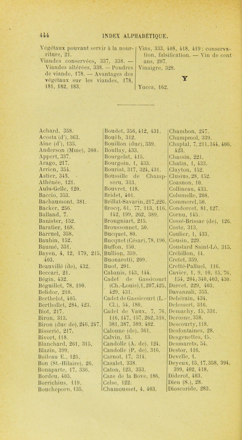 Végétaux pouvant servir à la nour- riture, 21. Viandes conservées, 337, 338. — Viandes altérées, 338. — Poudres de viande, 178. — Avantages des végétaux sur les viandes, 178, 181, 182, 183. Vins, 333, 408, 418, 419; conserva- tion, falsification. — Vin de cent ans, 207. Vinaigre, 328. Y Yucca, 162. Achard, 358. Acosta (d*), 363. Aine (d-), 135. Anderson (Mme), 300. Appert, 337. Arago, 217. Arrien, 354. Astier, 343. Athénée, 121. Aulu-Gelle, 120. Baccio, 353. Bachaumont, 381. Backer, 256. Balland, 7. Banister, 152. Baratier, 168. Barruel, 358. Bauhin, 152. Baumé, 331. Bayen, 4, 12, 179, 215, 403. Beauvillé (de), 432. Beccari, 21. Bégin, 432. Béguillet, 78, 190. Belidor, 210. Berthelot, 405. Berthollet, 284, 423. Biot, 217. Biron, 313. Biron (duc de), 246. 247. Bisscrié, 217. Bivort, 118. Blanchard, 261, 315, Blazin, 399. Boileau E., 125. Bon (St.-IIilaire), 26. Bonaparte, 17, 336. Bordeu, 403. Borrichius. 119. Bouchoporn.135. Boudet, 356,412, 431. Boueb, 312. Bouillon (duc), 339. Boullay, 433. Bourgelat, 415. Bourgoin, 1, 433. Bouriat, 317, 324,431. Boussille de Charnp- scru, 313. Bouvi’et, 118. Bridet, 401. Brillat-Savarin, 217,226. Brocq, 61, 77, 113, 116. 142, 199, 262, 389. Brongniart, 215. Broussonnet, 50. Bucquet, 80. Bucquet (César), 78,190, Buffon, 150. Bullion, 359. Buonarotti, 209. Buot, 201. Cabanis, 143, 144. Cadet de Gassicourt (Ch.-Louis), 1,207,425, 429, 431. Cadet de Gassicourt (,L.- Gl.), 54, 180. Cadet de Vaux, 7, 76, 116, 147, 157,262,316, 381,387, 389.402. Calonne (de). 361. Calvin, 13. Candollc (A. de), 124. Candolle (P. de), 316. Carnot, 17, 314. Casalet, 338. Caton, 123, 353. Caze de la Bove, 186. Cclsc, 122. Chamousset, 4. 403. Charnbon, 247. Champmol, 339. Chaptal, 7.211,344.406, 423. Cliassin, 221, Chai in, 1, 433. Clayton, 152. Clusius,28, 152. Coasnon, 10. Collineau, 433. Columelle, 208. Commerel,50. Condorcet, 81.127. Cornu, 145. Cossé-Brissac (de), 126. Costc, 313. Goulicr, 1, 433. Cousin, 229. Coustard Saint-Lô, 315. Crébillon, 14. Crelet, 359. Cretté-Palluel, 116. Cuvier. 1, 9, 10. 15. 76, 154, 204,-340,403, 430. Darcet, 229, 403. Davanzali, 355. Dehérain, 434. Delessert, 316. Deinachy, 15, 331. Dcrosnc, 358. Descourty, 118. Desfontaines, 28. Desgenettes, 15. Desmarets, 54. Destor, 116. Dcvelle, 1. Deyeux, 15,17,358, 394, 399, 402, 418. Diderot, 403. Dieu (S.), 28. Dioscoridc. 283.