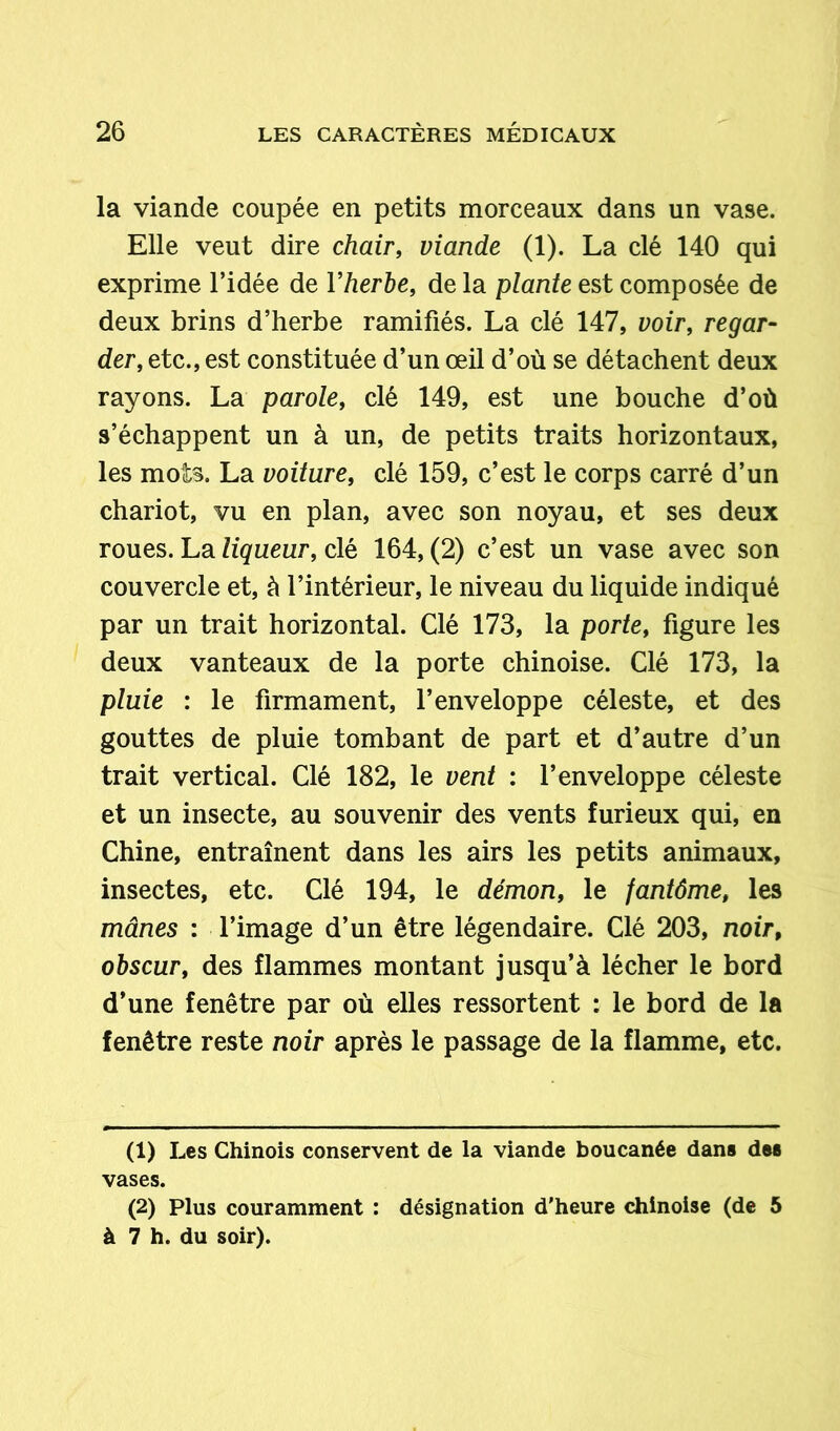 la viande coupée en petits morceaux dans un vase. Elle veut dire chair, viande (1). La clé 140 qui exprime l’idée de Yherbe, de la plante est composée de deux brins d’herbe ramifiés. La clé 147, voir, regar- der, etc., est constituée d’un œil d’où se détachent deux rayons. La parole, clé 149, est une bouche d’où s’échappent un à un, de petits traits horizontaux, les mots. La voiture, clé 159, c’est le corps carré d’un chariot, vu en plan, avec son noyau, et ses deux roues. La liqueur, clé 164,(2) c’est un vase avec son couvercle et, à l’intérieur, le niveau du liquide indiqué par un trait horizontal. Clé 173, la porte, figure les deux vanteaux de la porte chinoise. Clé 173, la pluie : le firmament, l’enveloppe céleste, et des gouttes de pluie tombant de part et d’autre d’un trait vertical. Clé 182, le vent : l’enveloppe céleste et un insecte, au souvenir des vents furieux qui, en Chine, entraînent dans les airs les petits animaux, insectes, etc. Clé 194, le démon, le fantôme, les mânes : l’image d’un être légendaire. Clé 203, noir, obscur, des flammes montant jusqu’à lécher le bord d’une fenêtre par où elles ressortent : le bord de la fenêtre reste noir après le passage de la flamme, etc. (1) Les Chinois conservent de la viande boucanée dans des vases. (2) Plus couramment : désignation d'heure chinoise (de 5 à 7 h. du soir).