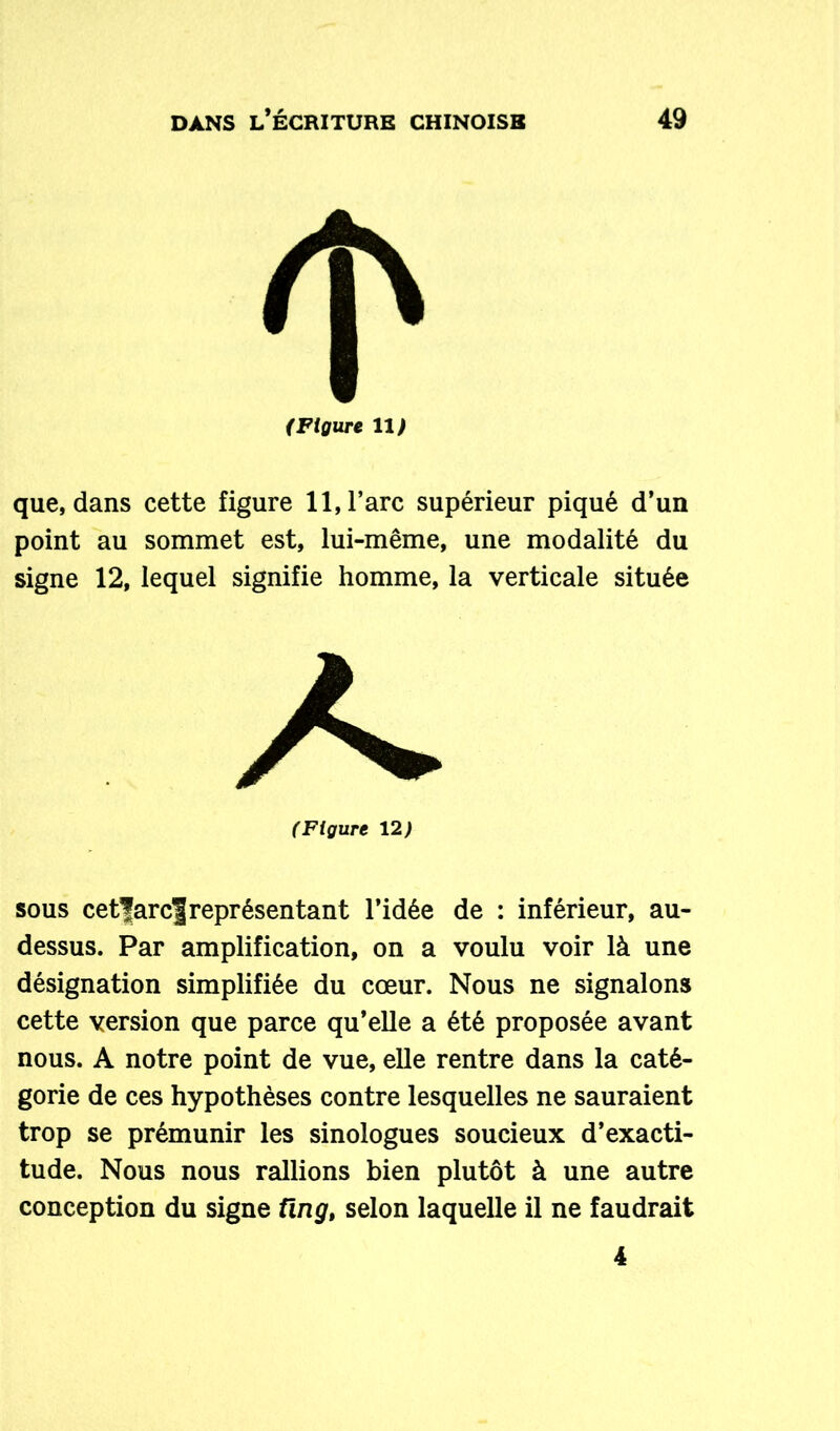 (Figure 11) que, dans cette figure 11, l’arc supérieur piqué d’un point au sommet est, lui-même, une modalité du signe 12, lequel signifie homme, la verticale située sous cet|arc|représentant l’idée de : inférieur, au- dessus. Par amplification, on a voulu voir là une désignation simplifiée du cœur. Nous ne signalons cette version que parce qu’elle a été proposée avant nous. A notre point de vue, elle rentre dans la caté- gorie de ces hypothèses contre lesquelles ne sauraient trop se prémunir les sinologues soucieux d’exacti- tude. Nous nous rallions bien plutôt à une autre conception du signe üng, selon laquelle il ne faudrait (Figure 12) 4