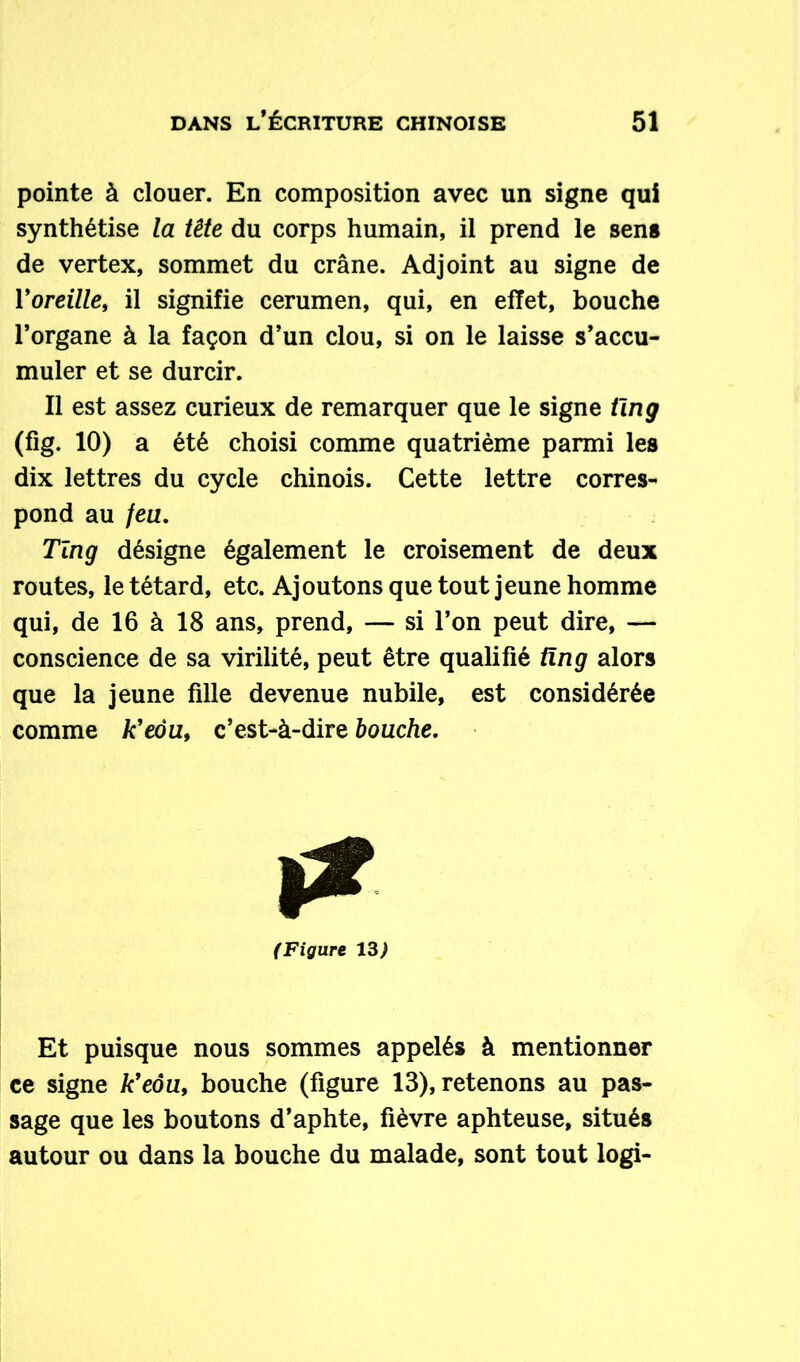 pointe à clouer. En composition avec un signe qui synthétise la tète du corps humain, il prend le sens de vertex, sommet du crâne. Adjoint au signe de l'oreille, il signifie cerumen, qui, en effet, bouche l’organe à la façon d’un clou, si on le laisse s’accu- muler et se durcir. Il est assez curieux de remarquer que le signe üng (fîg. 10) a été choisi comme quatrième parmi les dix lettres du cycle chinois. Cette lettre corres- pond au feu. Tïng désigne également le croisement de deux routes, le têtard, etc. Ajoutons que tout jeune homme qui, de 16 à 18 ans, prend, — si l’on peut dire, — conscience de sa virilité, peut être qualifié üng alors que la jeune fille devenue nubile, est considérée comme /c’eou, c’est-à-dire bouche. i? (Figure 13) Et puisque nous sommes appelés à mentionner ce signe /c’edu, bouche (figure 13), retenons au pas- sage que les boutons d’aphte, fièvre aphteuse, situés autour ou dans la bouche du malade, sont tout logi-