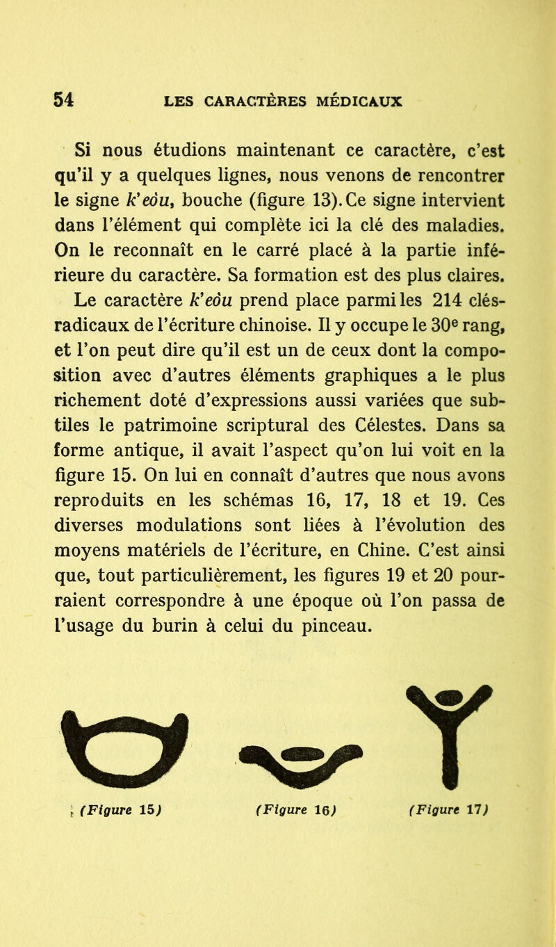 Si nous étudions maintenant ce caractère, c’est qu’il y a quelques lignes, nous venons de rencontrer le signe /c’eou, bouche (figure 13). Ce signe intervient dans l’élément qui complète ici la clé des maladies. On le reconnaît en le carré placé à la partie infé- rieure du caractère. Sa formation est des plus claires. Le caractère k’eôu prend place parmi les 214 clés- radicaux de l’écriture chinoise. Il y occupe le 30e rang, et l’on peut dire qu’il est un de ceux dont la compo- sition avec d’autres éléments graphiques a le plus richement doté d’expressions aussi variées que sub- tiles le patrimoine scriptural des Célestes. Dans sa forme antique, il avait l’aspect qu’on lui voit en la figure 15. On lui en connaît d’autres que nous avons reproduits en les schémas 16, 17, 18 et 19. Ces diverses modulations sont liées à l’évolution des moyens matériels de l’écriture, en Chine. C’est ainsi que, tout particulièrement, les figures 19 et 20 pour- raient correspondre à une époque où l’on passa de l’usage du burin à celui du pinceau. T t (Figure 15) (Figure 16) (Figure 17)