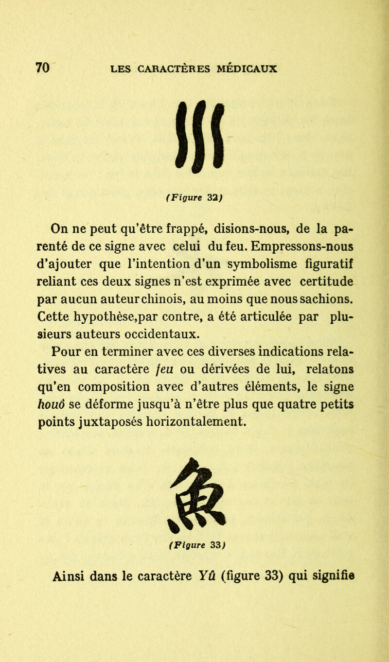 (Figure 32) On ne peut qu’être frappé, disions-nous, de la pa- renté de ce signe avec celui du feu. Empressons-nous d’ajouter que l’intention d’un symbolisme figuratif reliant ces deux signes n’est exprimée avec certitude par aucun auteur chinois, au moins que nous sachions. Cette hypothèse,par contre, a été articulée par plu- sieurs auteurs occidentaux. Pour en terminer avec ces diverses indications rela- tives au caractère feu ou dérivées de lui, relatons qu’en composition avec d’autres éléments, le signe houô se déforme jusqu’à n’être plus que quatre petits points juxtaposés horizontalement. (Figure 33) Ainsi dans le caractère Yû (figure 33) qui signifie