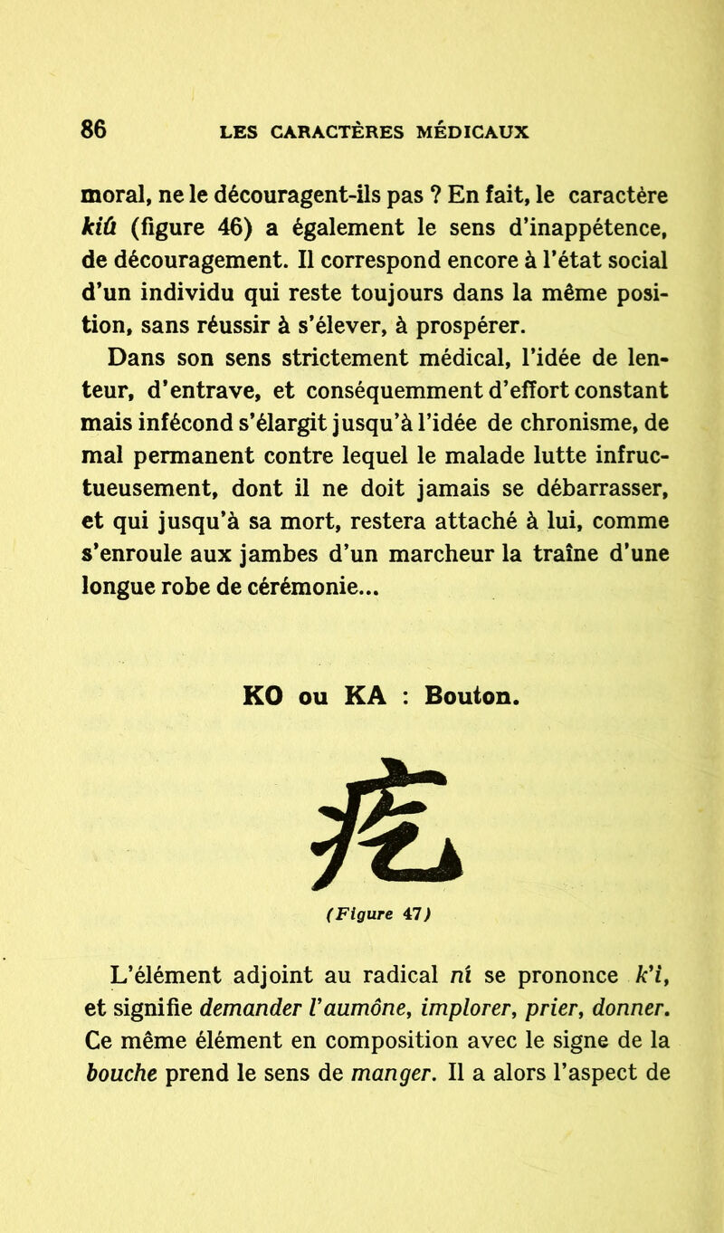 moral, ne le découragent-ils pas ? En fait, le caractère kiû (figure 46) a également le sens d’inappétence, de découragement. Il correspond encore à l’état social d’un individu qui reste toujours dans la même posi- tion, sans réussir à s’élever, à prospérer. Dans son sens strictement médical, l’idée de len- teur, d’entrave, et conséquemment d’effort constant mais infécond s’élargit jusqu’à l’idée de chronisme, de mal permanent contre lequel le malade lutte infruc- tueusement, dont il ne doit jamais se débarrasser, et qui jusqu’à sa mort, restera attaché à lui, comme s’enroule aux jambes d’un marcheur la traîne d’une longue robe de cérémonie... KO ou KA : Bouton. (Figure \1) L’élément adjoint au radical ni se prononce /c’i, et signifie demander Vaumône, implorer, prier, donner. Ce même élément en composition avec le signe de la bouche prend le sens de manger. Il a alors l’aspect de