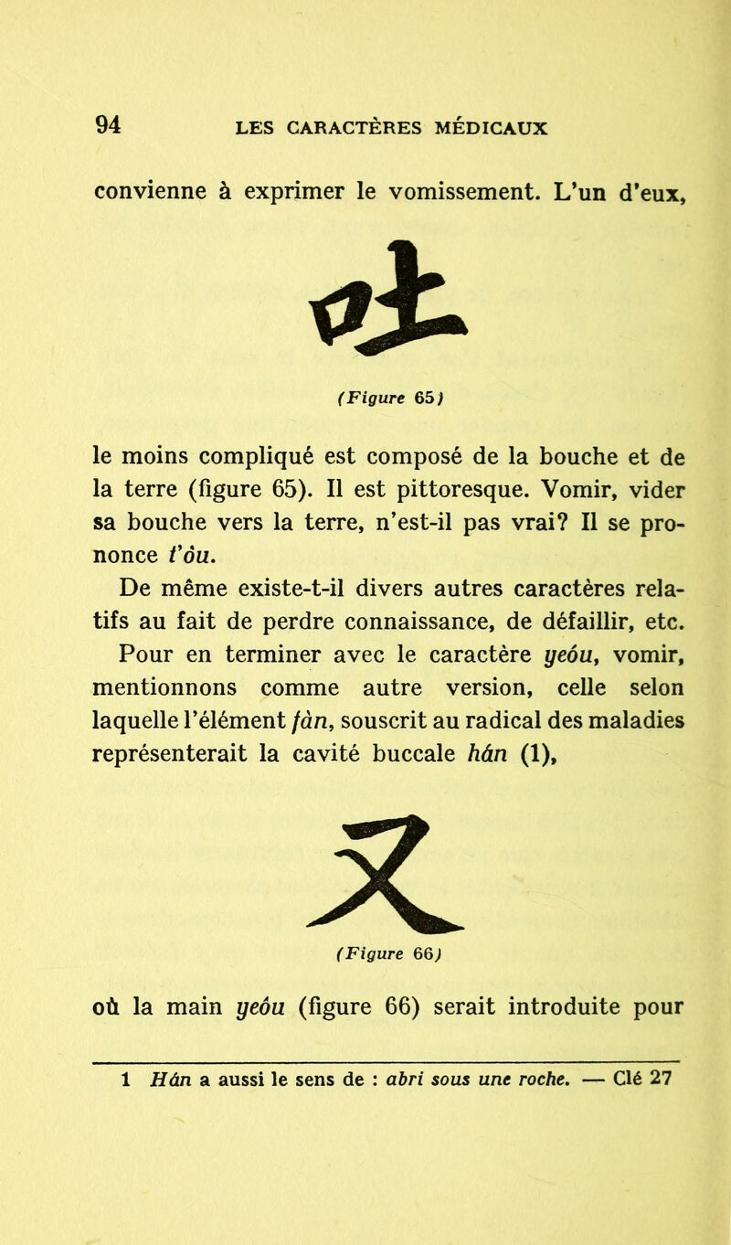 convienne à exprimer le vomissement. L’un d’eux, le moins compliqué est composé de la bouche et de la terre (figure 65). Il est pittoresque. Vomir, vider sa bouche vers la terre, n’est-il pas vrai? Il se pro- nonce Vôu. De même existe-t-il divers autres caractères rela- tifs au fait de perdre connaissance, de défaillir, etc. Pour en terminer avec le caractère yeôu, vomir, mentionnons comme autre version, celle selon laquelle l’élément fàn, souscrit au radical des maladies représenterait la cavité buccale hân (i). où la main yeôu (figure 66) serait introduite pour (Figure 65) (Figure 66> 1 Hân a aussi le sens de : abri sous une roche. — Clé 27