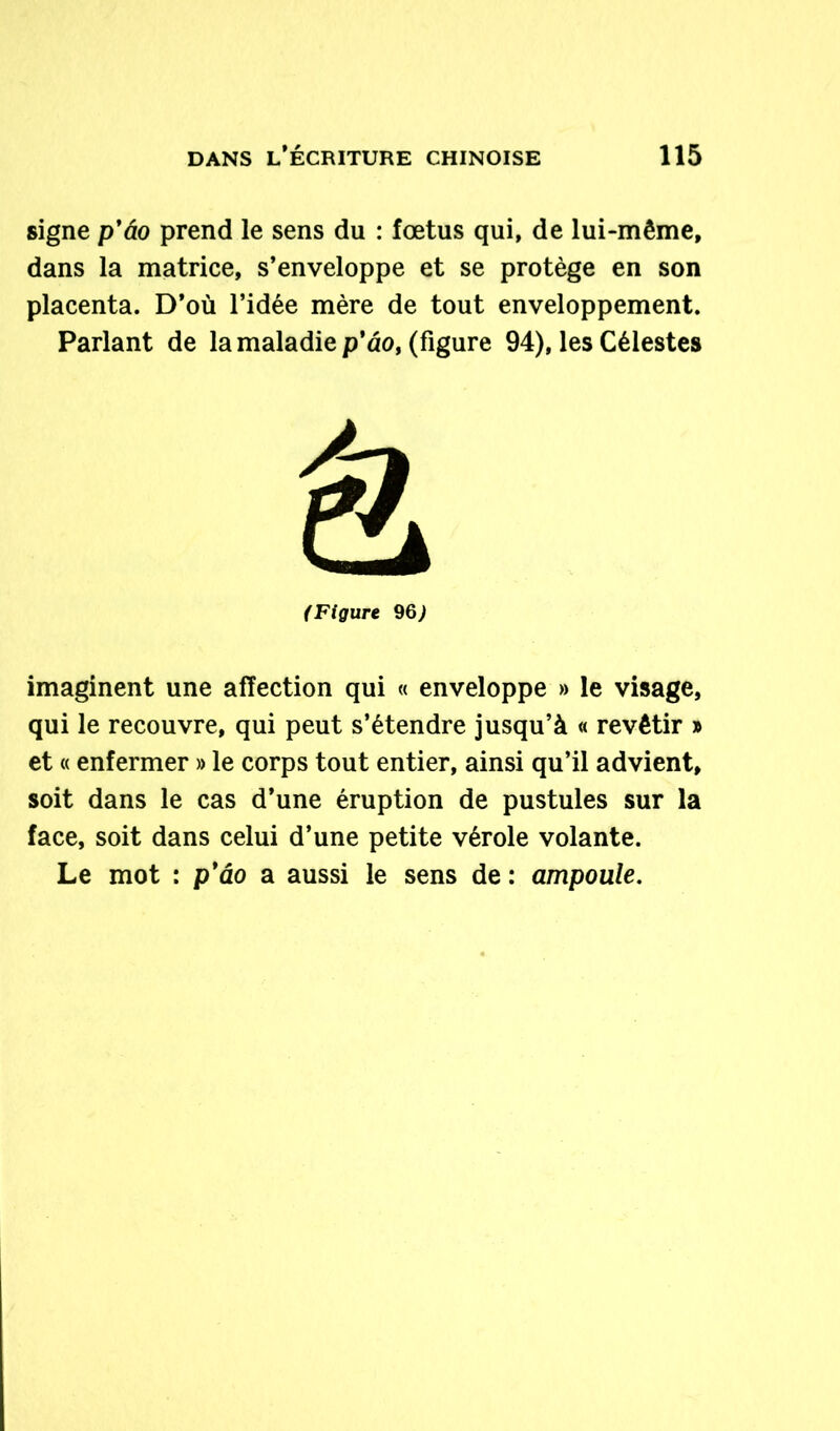 signe p’ao prend le sens du : fœtus qui, de lui-même, dans la matrice, s’enveloppe et se protège en son placenta. D’où l’idée mère de tout enveloppement. Parlant de la maladie p’do, (figure 94), les Célestes imaginent une affection qui « enveloppe » le visage, qui le recouvre, qui peut s’étendre jusqu’à « revêtir » et « enfermer » le corps tout entier, ainsi qu’il advient, soit dans le cas d’une éruption de pustules sur la face, soit dans celui d’une petite vérole volante. Le mot : p’do a aussi le sens de : ampoule.