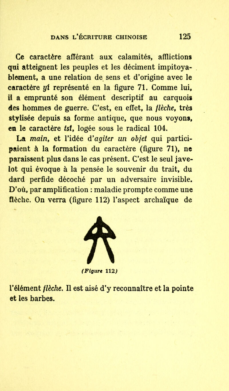 Ce caractère afïérant aux calamités, afflictions qui atteignent les peuples et les déciment impitoya- blement, a une relation de sens et d’origine avec le caractère yt représenté en la figure 71. Comme lui, il a emprunté son élément descriptif au carquois des hommes de guerre. C’est, en effet, la flèche, très stylisée depuis sa forme antique, que nous voyons, en le caractère tst, logée sous le radical 104. La main, et l’idée dyagiter un objet qui partici- paient à la formation du caractère (figure 71), ne paraissent plus dans le cas présent. C’est le seul jave- lot qui évoque à la pensée le souvenir du trait, du dard perfide décoché par un adversaire invisible. D’où, par amplification : maladie prompte comme une flèche. On verra (figure 112) l’aspect archaïque de (Figure 112) l’élément flèche. Il est aisé d’y reconnaître et la pointe et les barbes.