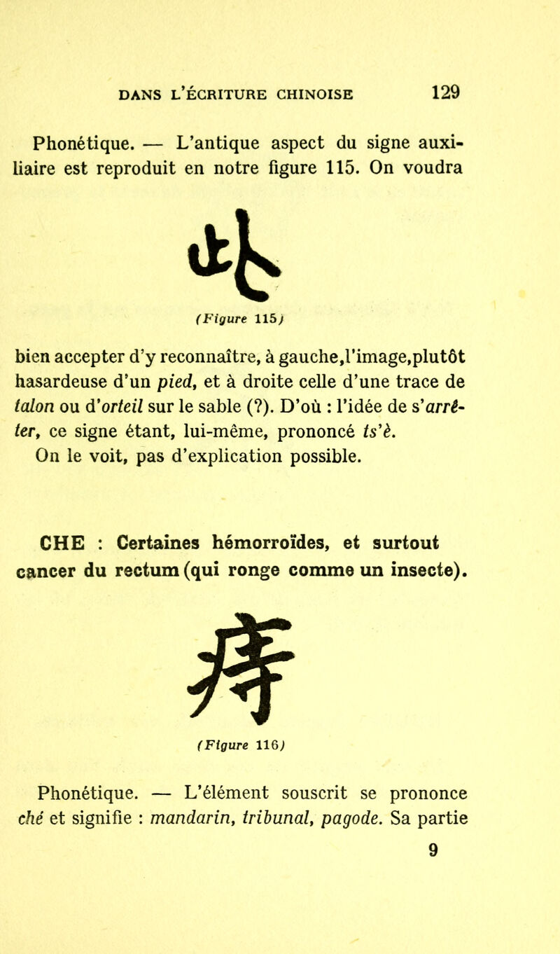 Phonétique. — L’antique aspect du signe auxi- liaire est reproduit en notre figure 115. On voudra bien accepter d’y reconnaître, à gauche.l’image,plutôt hasardeuse d’un pied, et à droite celle d’une trace de talon ou d'orteil sur le sable (?). D’où : l’idée de s’arrê- ter, ce signe étant, lui-même, prononcé ts’è. On le voit, pas d’explication possible. CHE : Certaines hémorroïdes, et surtout cancer du rectum (qui ronge comme un insecte). Phonétique. — L’élément souscrit se prononce ché et signifie : mandarin, tribunal, pagode. Sa partie (Figure 115; (Figure 116J 9