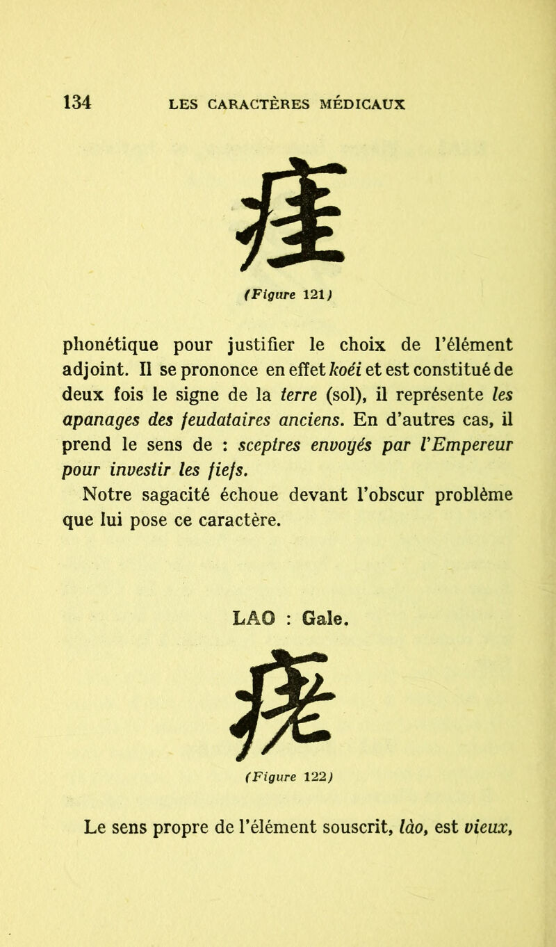 (Figure 121) phonétique pour justifier le choix de l’élément adjoint. Il se prononce en effet koéi et est constitué de deux fois le signe de la terre (sol), il représente les apanages des feudataires anciens. En d’autres cas, il prend le sens de : sceptres envoyés par l'Empereur pour investir les fiefs. Notre sagacité échoue devant l’obscur problème que lui pose ce caractère. LAO : Gale. (Figure 122) Le sens propre de l’élément souscrit, lào, est vieux,