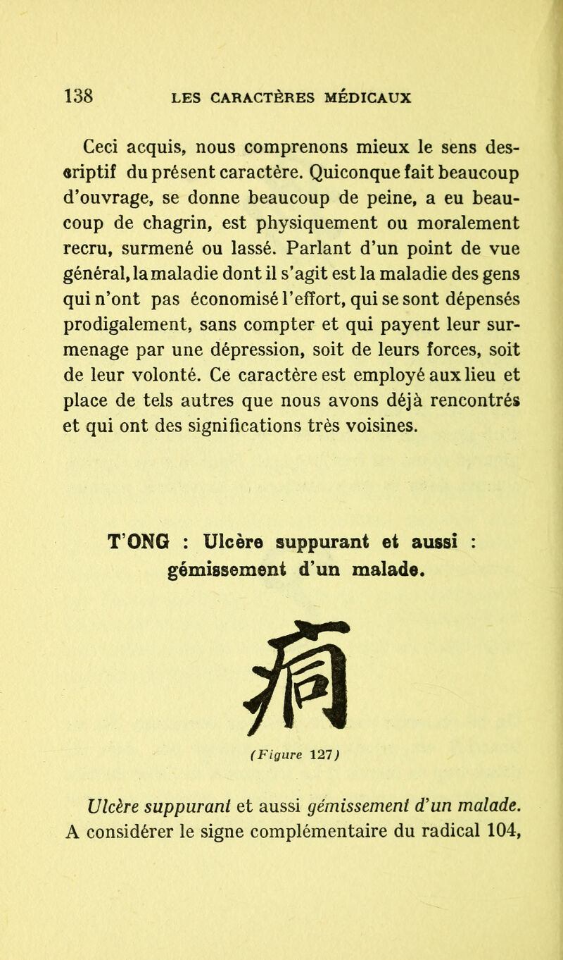 Ceci acquis, nous comprenons mieux le sens des- criptif du présent caractère. Quiconque fait beaucoup d’ouvrage, se donne beaucoup de peine, a eu beau- coup de chagrin, est physiquement ou moralement recru, surmené ou lassé. Parlant d’un point de vue général, la maladie dont il s’agit est la maladie des gens qui n’ont pas économisé l’effort, qui se sont dépensés prodigalement, sans compter et qui payent leur sur- menage par une dépression, soit de leurs forces, soit de leur volonté. Ce caractère est employé aux lieu et place de tels autres que nous avons déjà rencontrés et qui ont des significations très voisines. T’ONG : Ulcère suppurant et aussi : gémissement d’un malade. (Figure 127) Ulcère suppurant et aussi gémissement d’un malade. A considérer le signe complémentaire du radical 104,