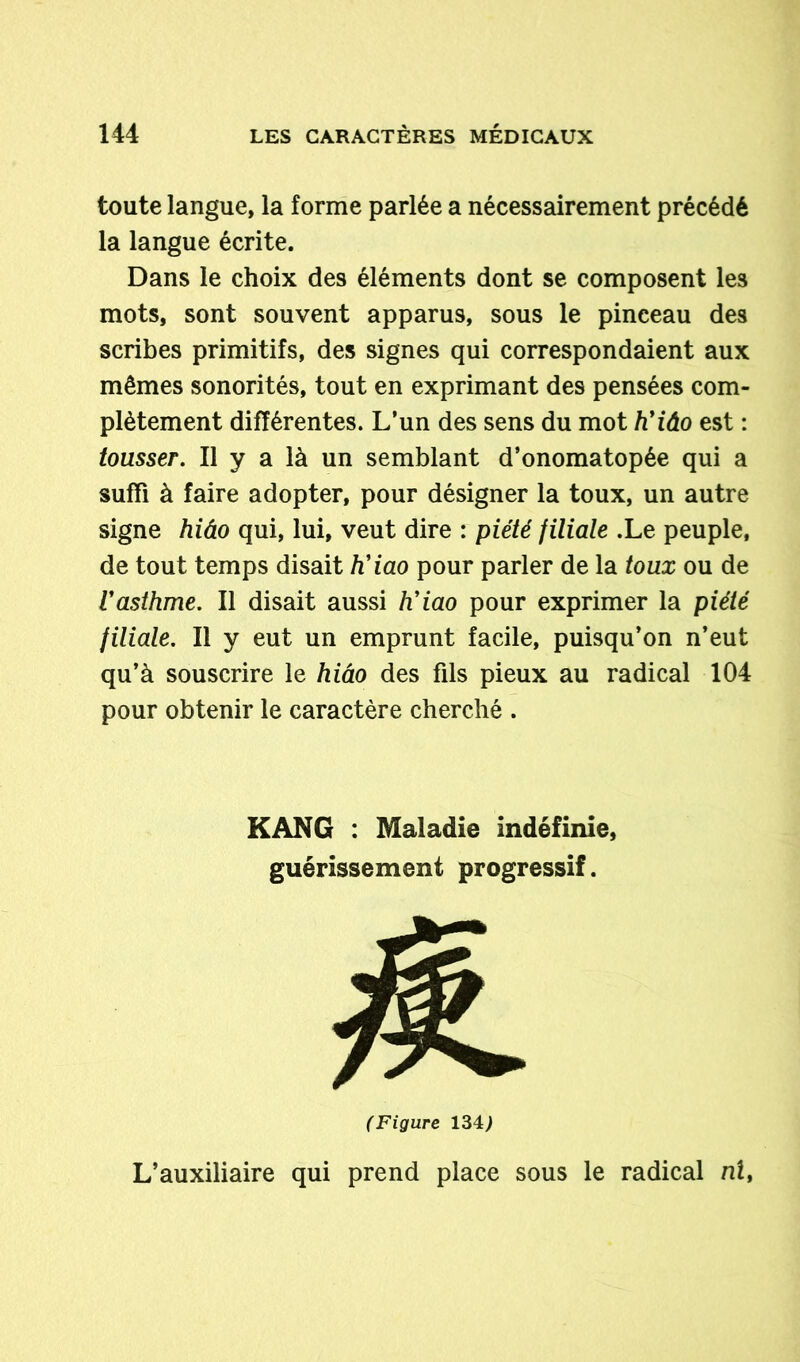 toute langue, la forme parlée a nécessairement précédé la langue écrite. Dans le choix des éléments dont se composent les mots, sont souvent apparus, sous le pinceau des scribes primitifs, des signes qui correspondaient aux mêmes sonorités, tout en exprimant des pensées com- plètement différentes. L’un des sens du mot h'iâo est : tousser. Il y a là un semblant d’onomatopée qui a suffi à faire adopter, pour désigner la toux, un autre signe hiâo qui, lui, veut dire : piété filiale .Le peuple, de tout temps disait Kiao pour parler de la toux ou de Vasthme. Il disait aussi h'iao pour exprimer la piété filiale. Il y eut un emprunt facile, puisqu’on n’eut qu’à souscrire le hiâo des fils pieux au radical 104 pour obtenir le caractère cherché . K AN G : Maladie indéfinie, guérissement progressif. (Figure 134> L’auxiliaire qui prend place sous le radical ni,