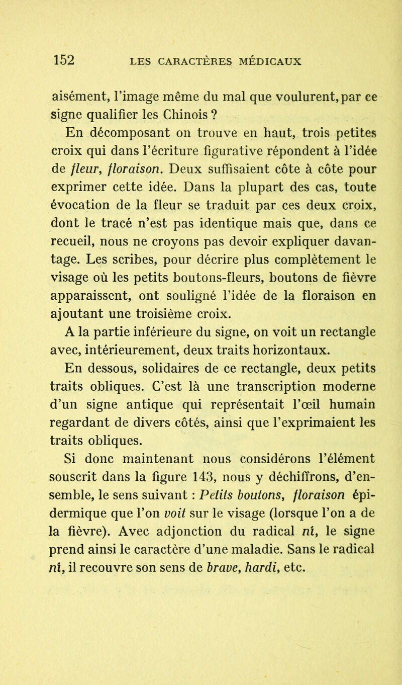 aisément, l’image même du mal que voulurent, par ce signe qualifier les Chinois ? En décomposant on trouve en haut, trois petites croix qui dans l’écriture figurative répondent à l’idée de fleur, floraison. Deux suffisaient côte à côte pour exprimer cette idée. Dans la plupart des cas, toute évocation de la fleur se traduit par ces deux croix, dont le tracé n’est pas identique mais que, dans ce recueil, nous ne croyons pas devoir expliquer davan- tage. Les scribes, pour décrire plus complètement le visage où les petits boutons-fleurs, boutons de fièvre apparaissent, ont souligné l’idée de la floraison en ajoutant une troisième croix. A la partie inférieure du signe, on voit un rectangle avec, intérieurement, deux traits horizontaux. En dessous, solidaires de ce rectangle, deux petits traits obliques. C’est là une transcription moderne d’un signe antique qui représentait l’œil humain regardant de divers côtés, ainsi que l’exprimaient les traits obliques. Si donc maintenant nous considérons l’élément souscrit dans la figure 143, nous y déchiffrons, d’en- semble, le sens suivant : Petits boutons, floraison épi- dermique que l’on voit sur le visage (lorsque l’on a de la fièvre). Avec adjonction du radical ni, le signe prend ainsi le caractère d’une maladie. Sans le radical ni, il recouvre son sens de brave, hardi, etc.