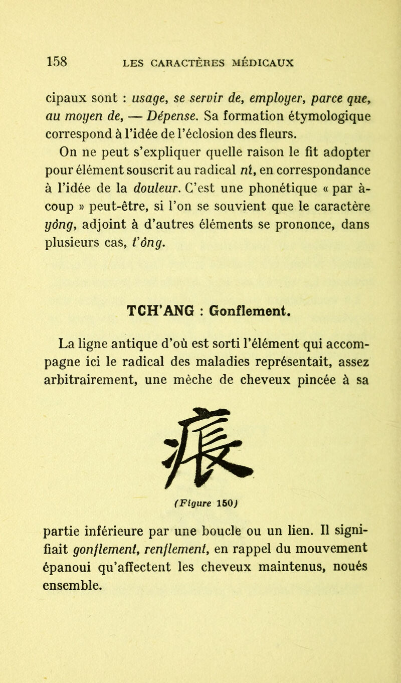 cipaux sont : usage, se servir de, employer, parce que, au moyen de, — Dépense. Sa formation étymologique correspond à l’idée de l’éclosion des fleurs. On ne peut s’expliquer quelle raison le fit adopter pour élément souscrit au radical ni, en correspondance à l’idée de la douleur. C’est une phonétique « par à- coup » peut-être, si l’on se souvient que le caractère yông, adjoint à d’autres éléments se prononce, dans plusieurs cas, Vông. La ligne antique d’où est sorti l’élément qui accom- pagne ici le radical des maladies représentait, assez arbitrairement, une mèche de cheveux pincée à sa partie inférieure par une boucle ou un lien. Il signi- fiait gonflement, renflement, en rappel du mouvement épanoui qu’affectent les cheveux maintenus, noués ensemble. TCH’ANG : Gonflement