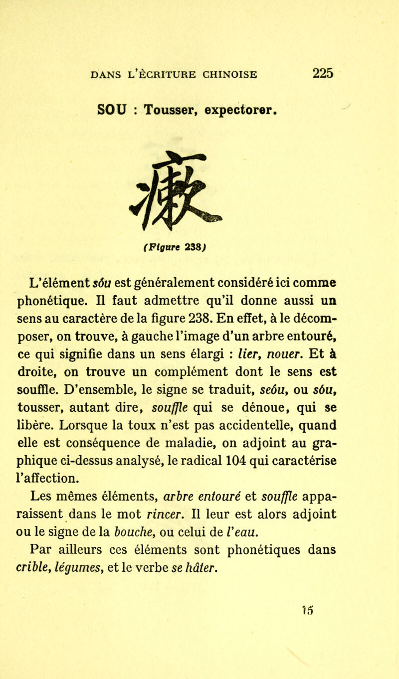 SOU : Tousser, expectorer. (Figure 2ZS) L’élément sôu est généralement considéré ici comme phonétique. Il faut admettre qu’il donne aussi un sens au caractère de la figure 238. En effet, à le décom- poser, on trouve, à gauche l’image d’un arbre entouré, ce qui signifie dans un sens élargi : lier, nouer. Et à droite, on trouve un complément dont le sens est souffle. D’ensemble, le signe se traduit, seôu, ou sôu, tousser, autant dire, souffle qui se dénoue, qui se libère. Lorsque la toux n’est pas accidentelle, quand elle est conséquence de maladie, on adjoint au gra- phique ci-dessus analysé, le radical 104 qui caractérise l’affection. Les mêmes éléments, arbre entouré et souffle appa- raissent dans le mot rincer. Il leur est alors adjoint ou le signe de la bouche, ou celui de Veau. Par ailleurs ces éléments sont phonétiques dans crible, légumes, et le verbe se hâter. 15